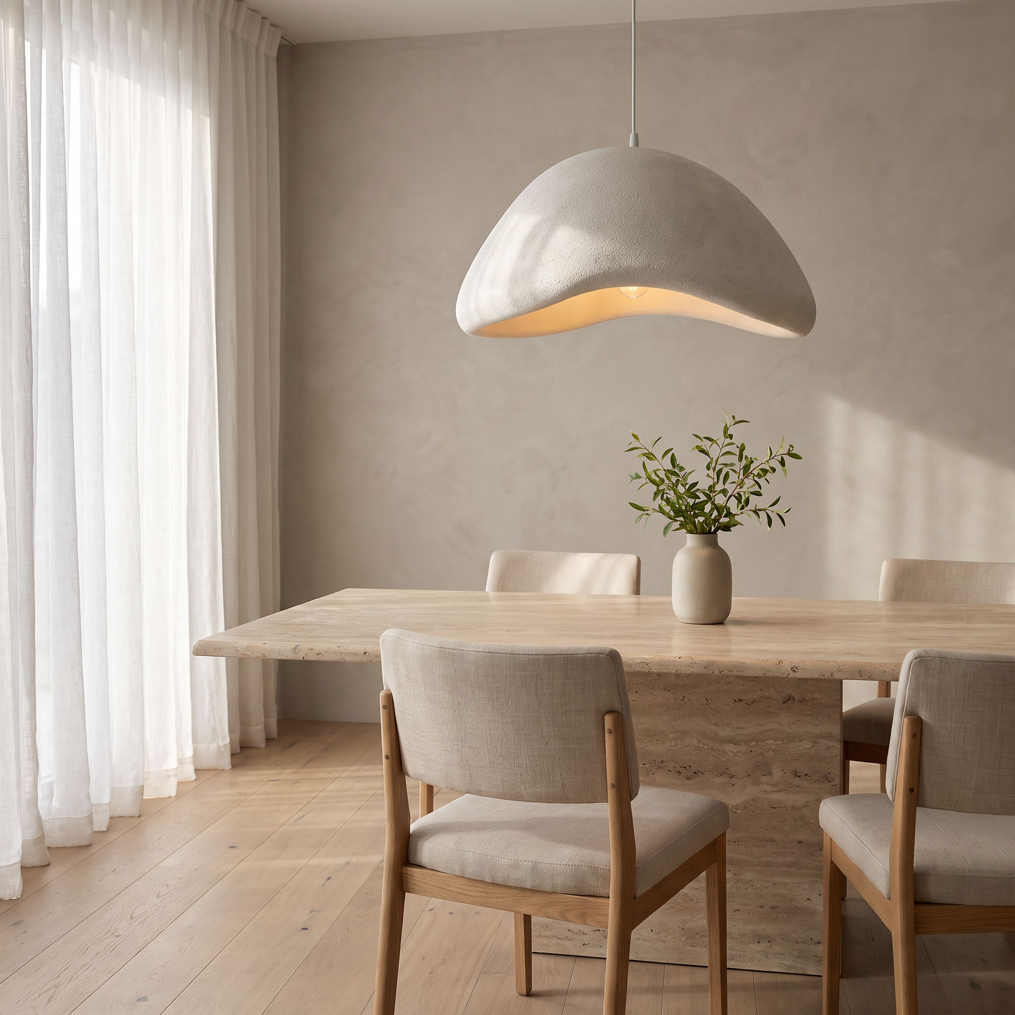 Uluwatu resin pendant light above a stone dining table in a coastal living room