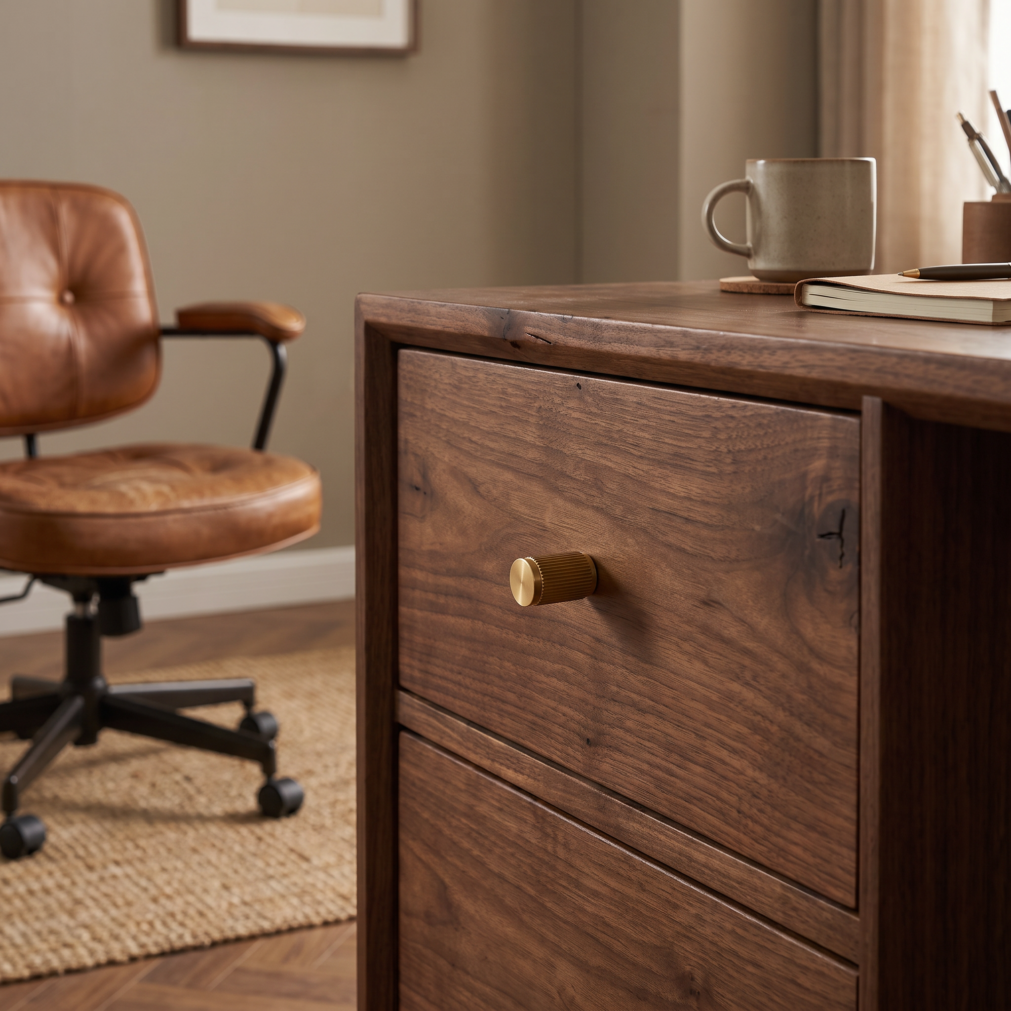 Yev fluted brass cabinet handles on dark walnut home office drawers