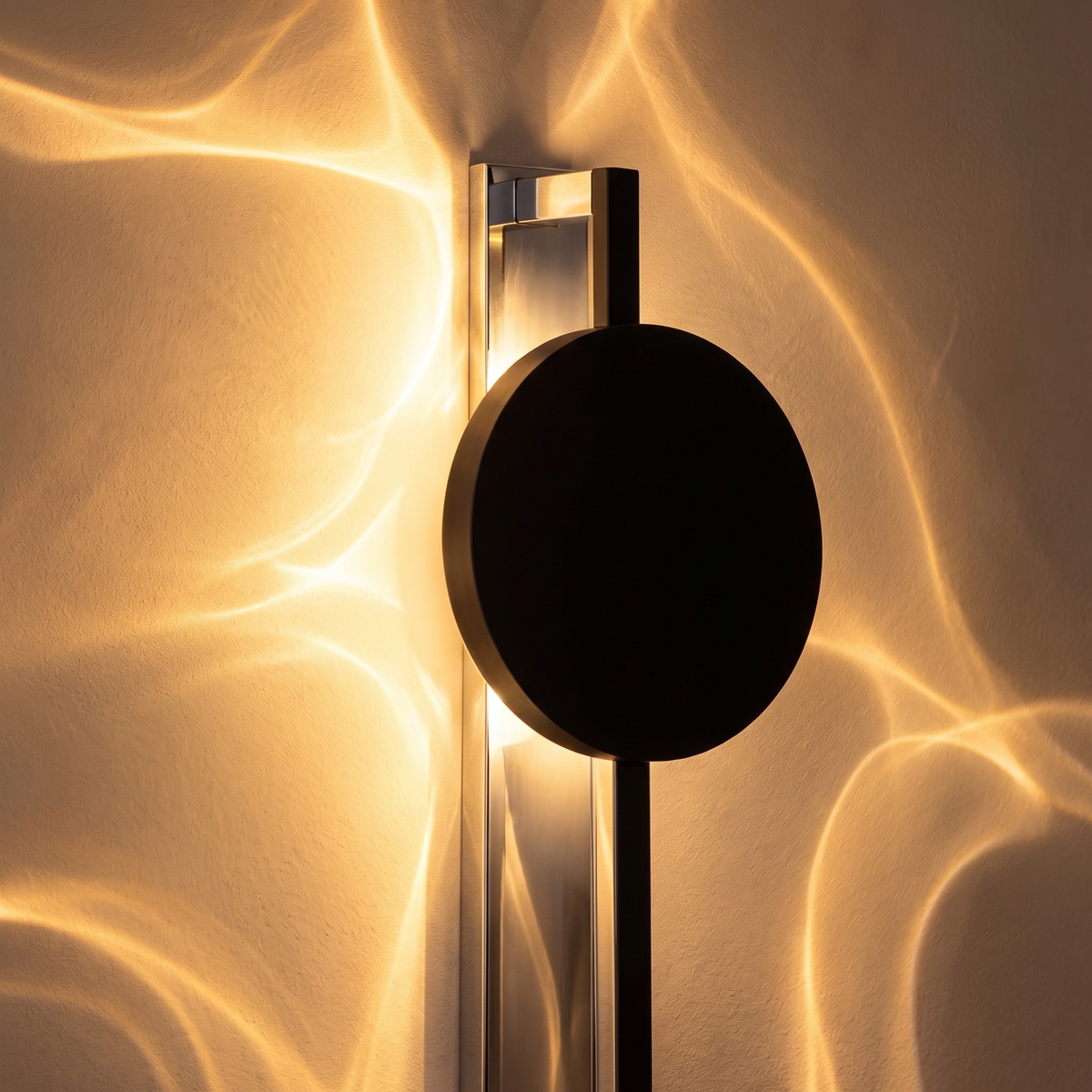 Close-up of the Alya mirrored chrome bar and black disc creating light and shadow effects