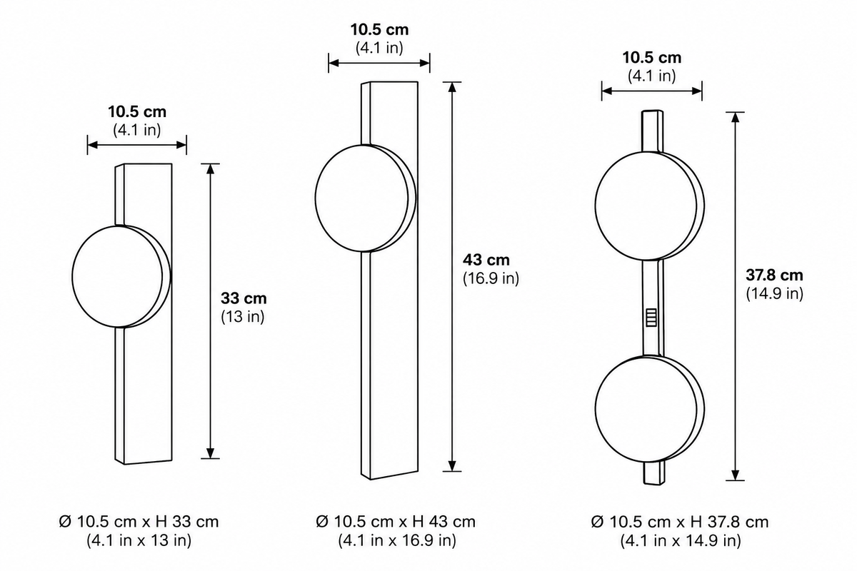 Alya wall sconce sizes, 10.5cm wide in 33cm small, 43cm large and 37.8cm double heights
