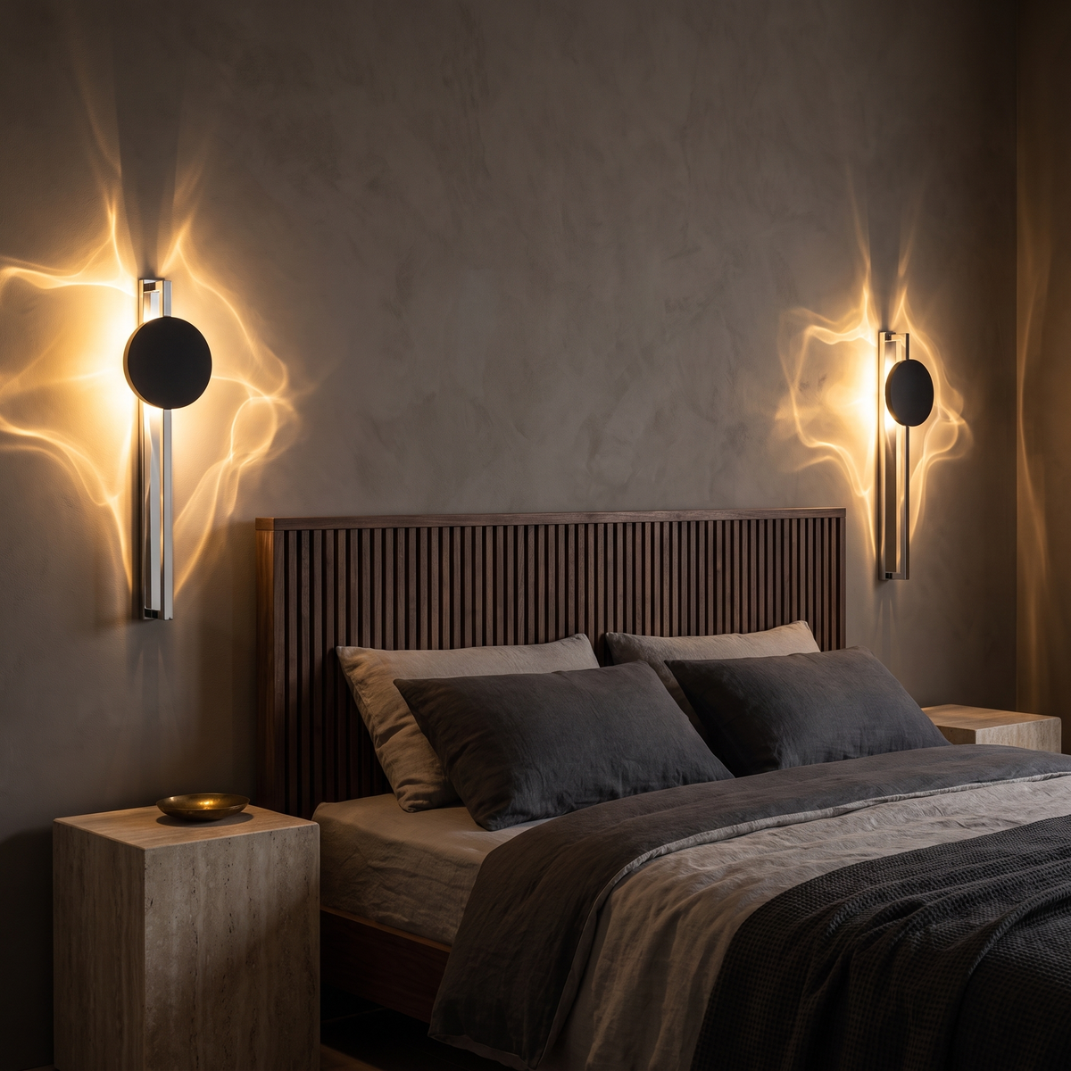Pair of Alya chrome and black sculptural LED wall sconces casting light patterns either side of a bed
