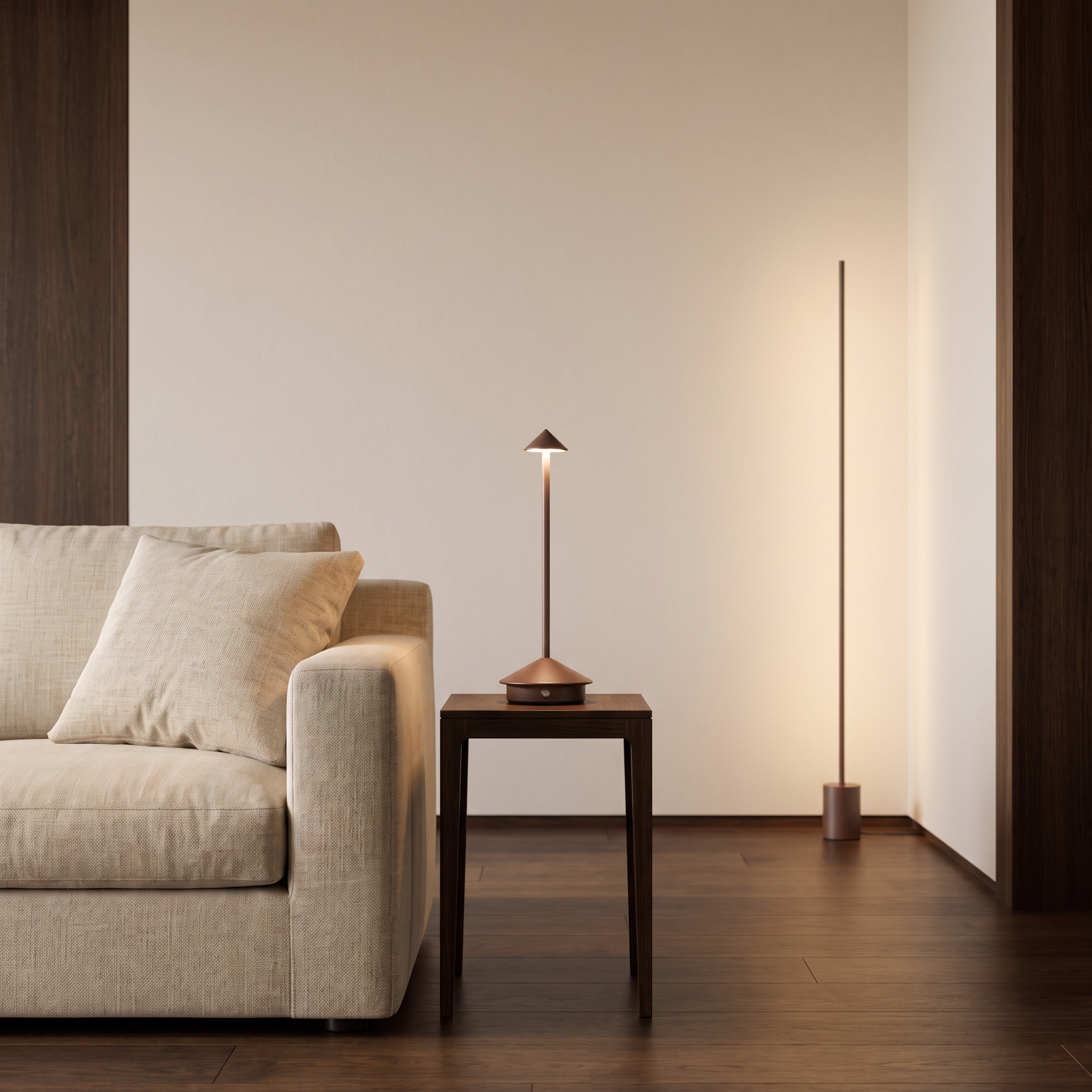 Amalfi portable table lamp in brown on a living-room side table