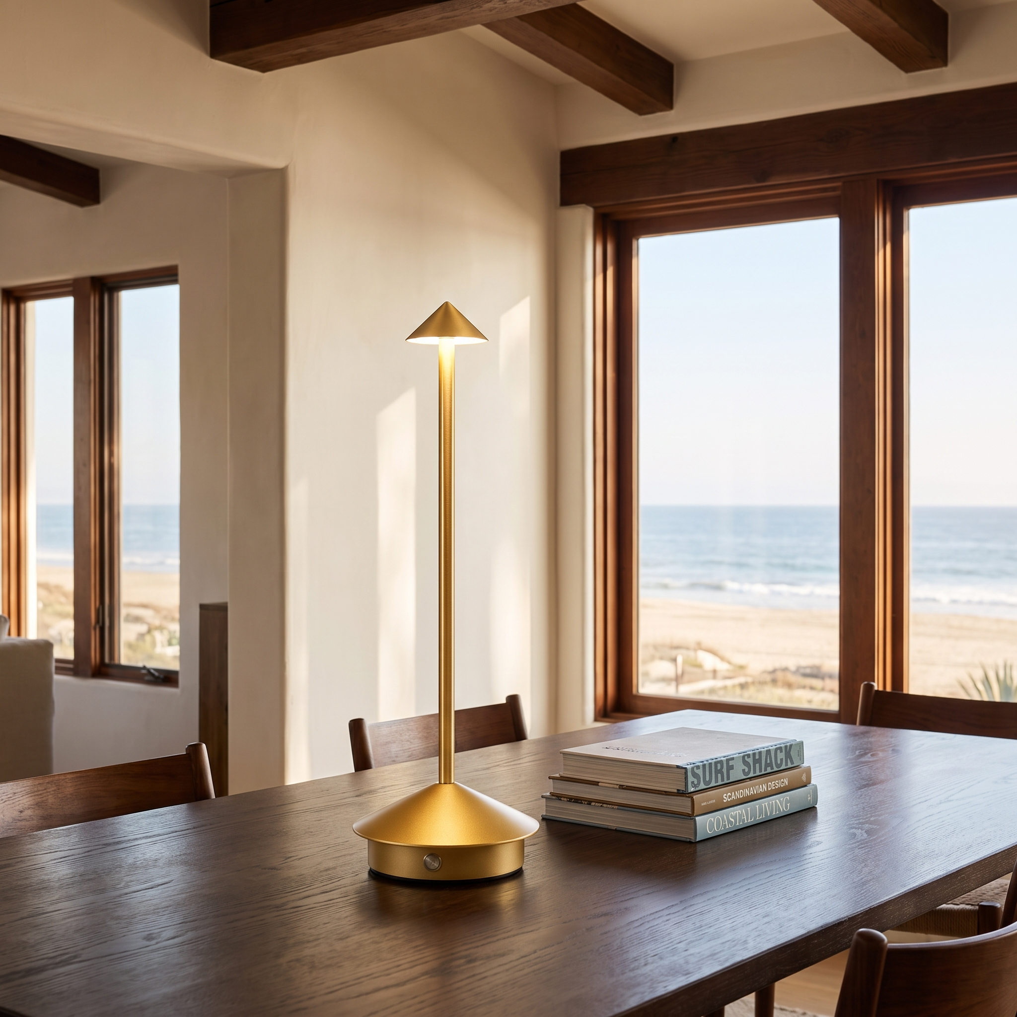 Amalfi portable table lamp in gold on a dining table with an ocean view