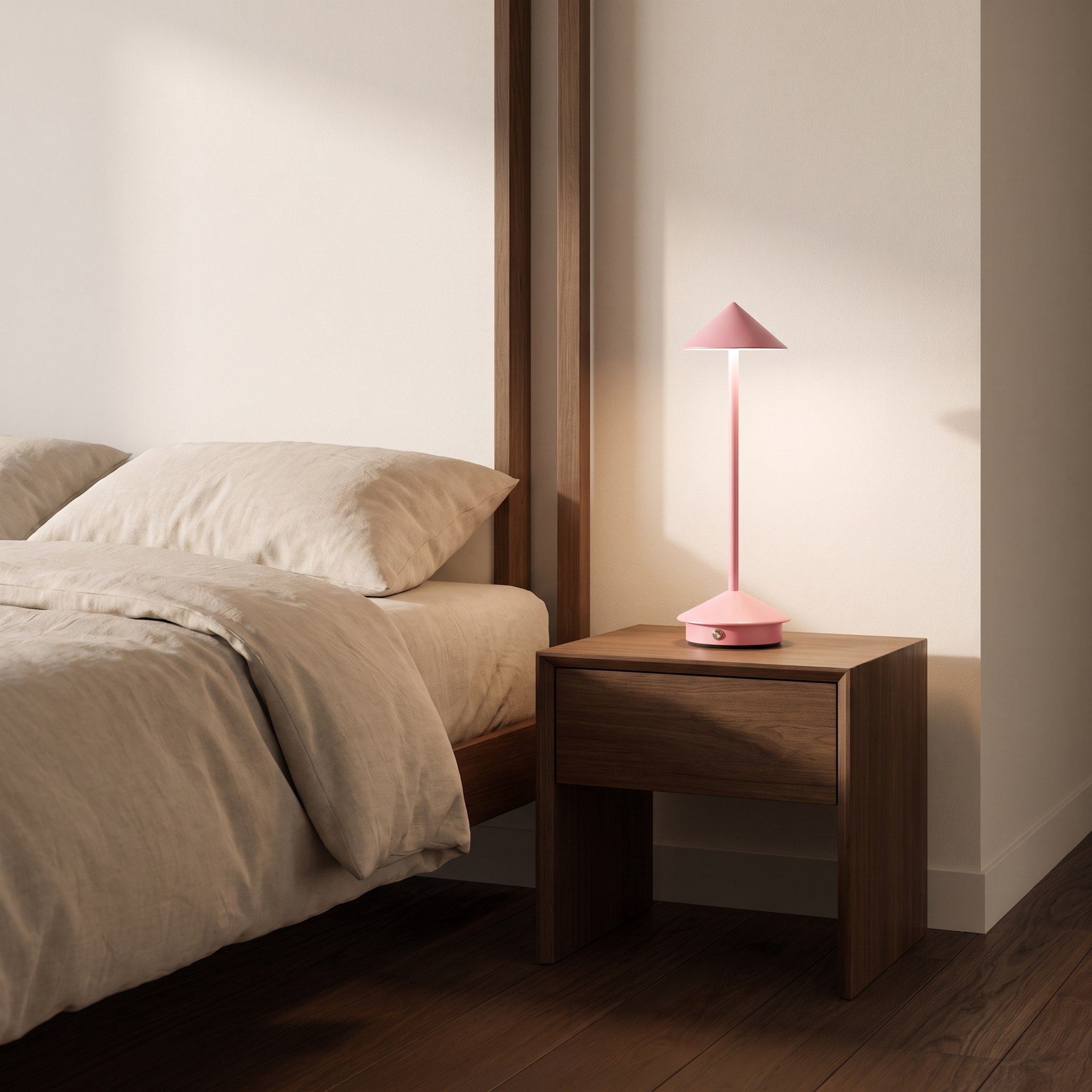 Amalfi portable table lamp in pink on a bedside table in a coastal bedroom