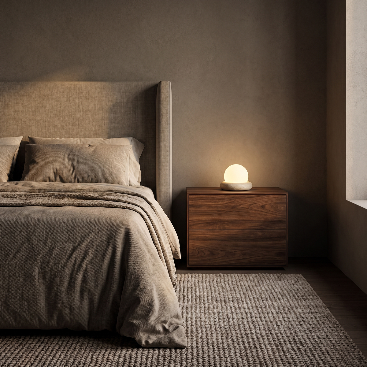 Amber travertine cordless LED table lamp glowing on a walnut bedside table