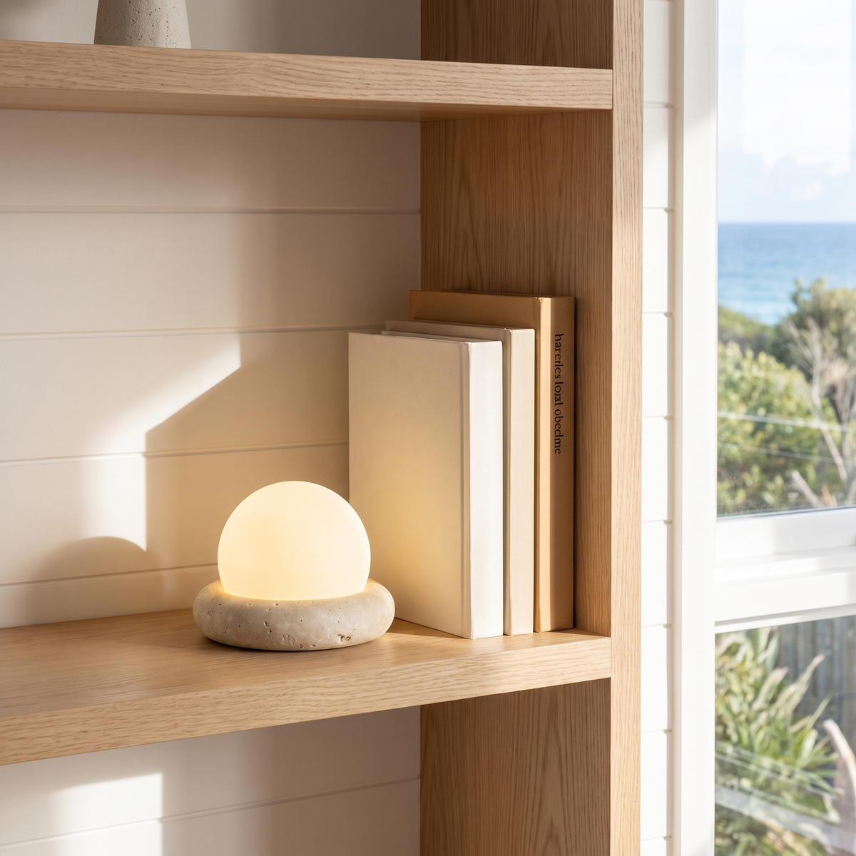 Amber travertine cordless table lamp on an oak shelf in a coastal home