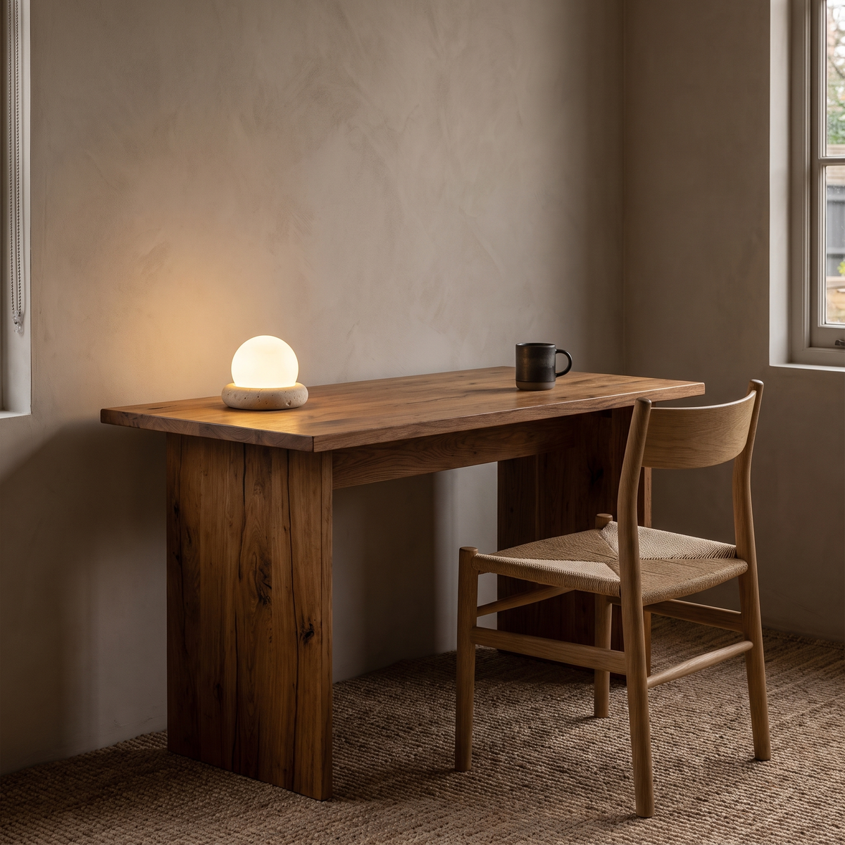 Amber travertine cordless LED lamp on a timber desk in a Japandi study