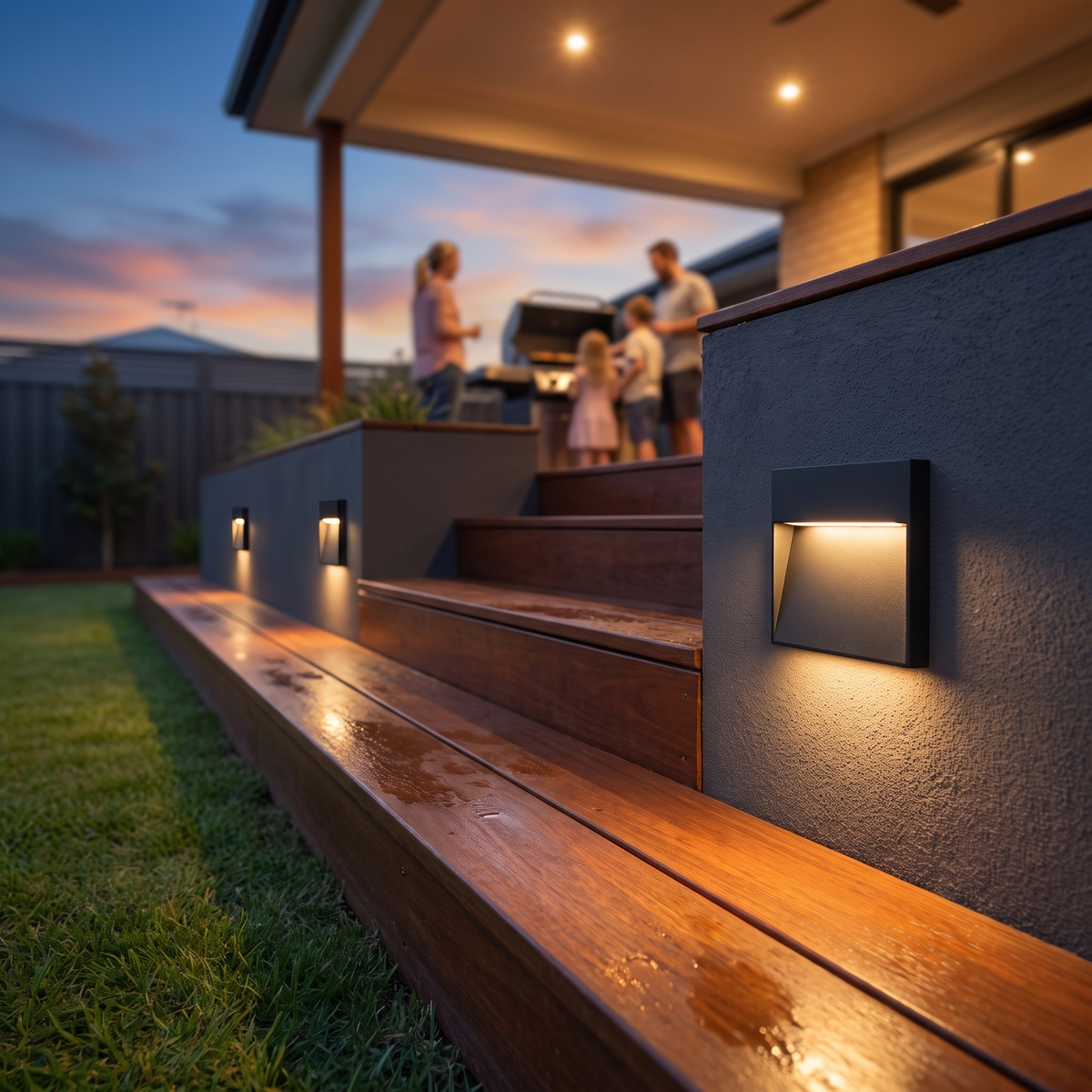 Ames LED outdoor step lights washing light over merbau deck steps down to the lawn at dusk