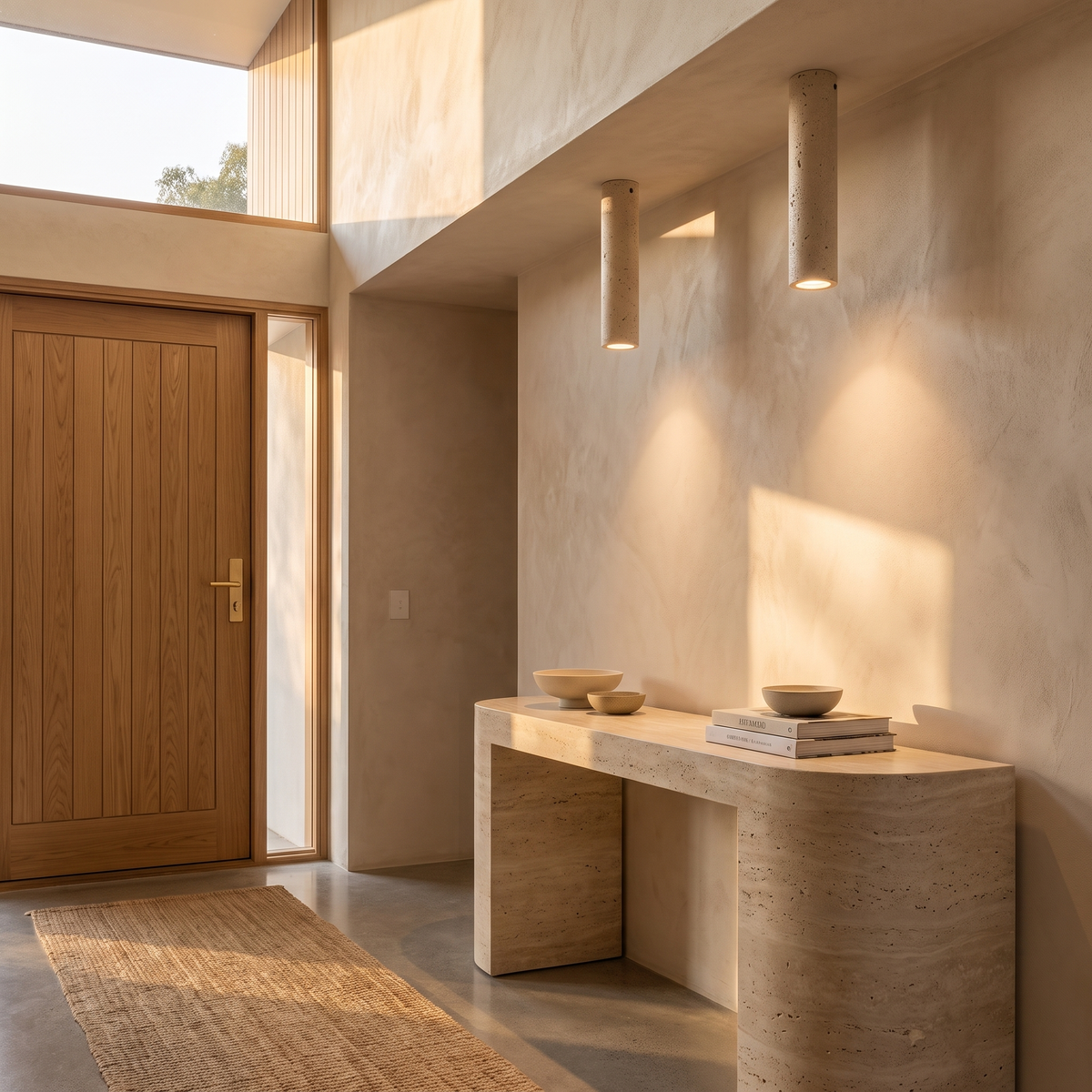 Amon travertine ceiling light in medium washing a plaster wall above a travertine entry console