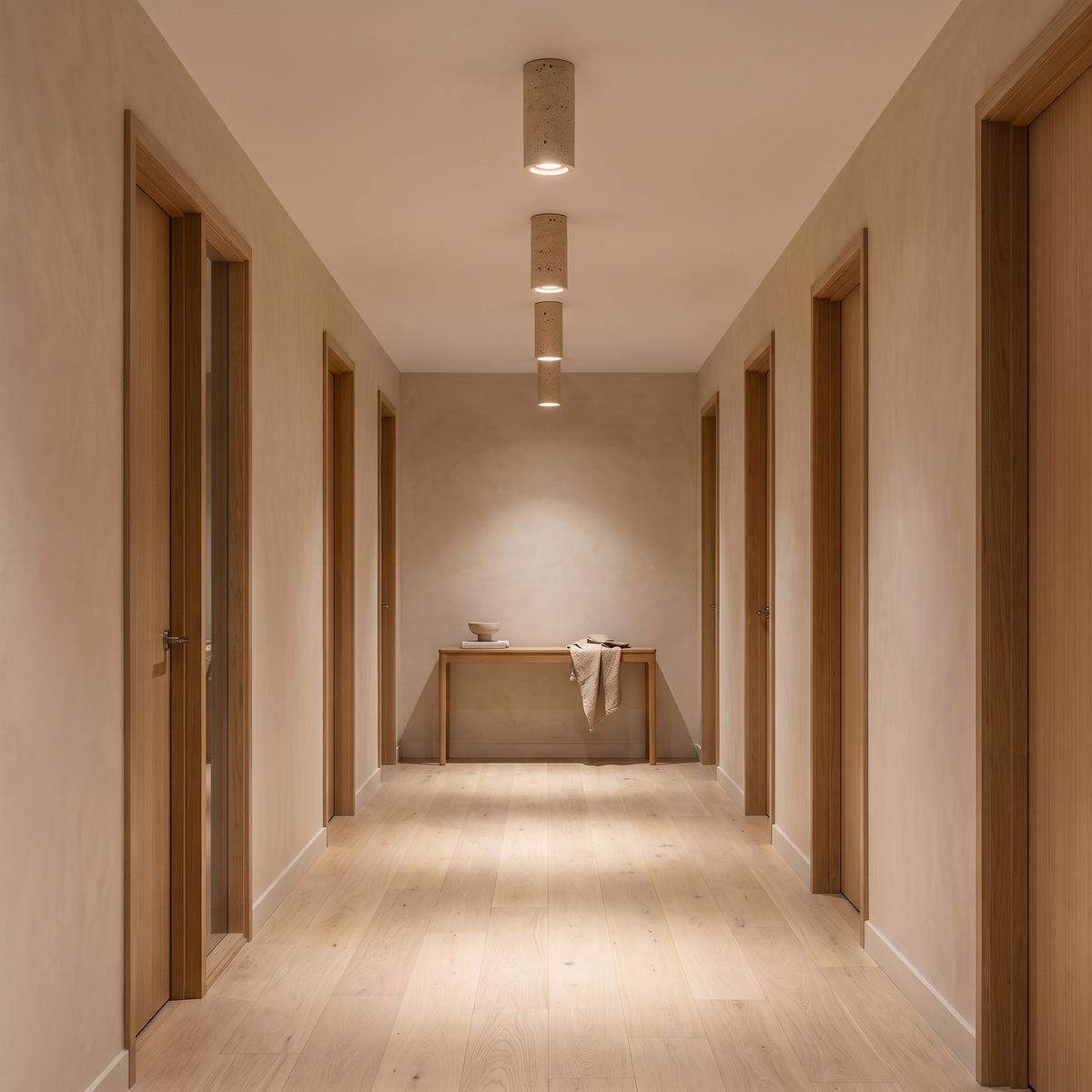 Amon travertine ceiling light in medium, a row of four lighting a modern Australian hallway