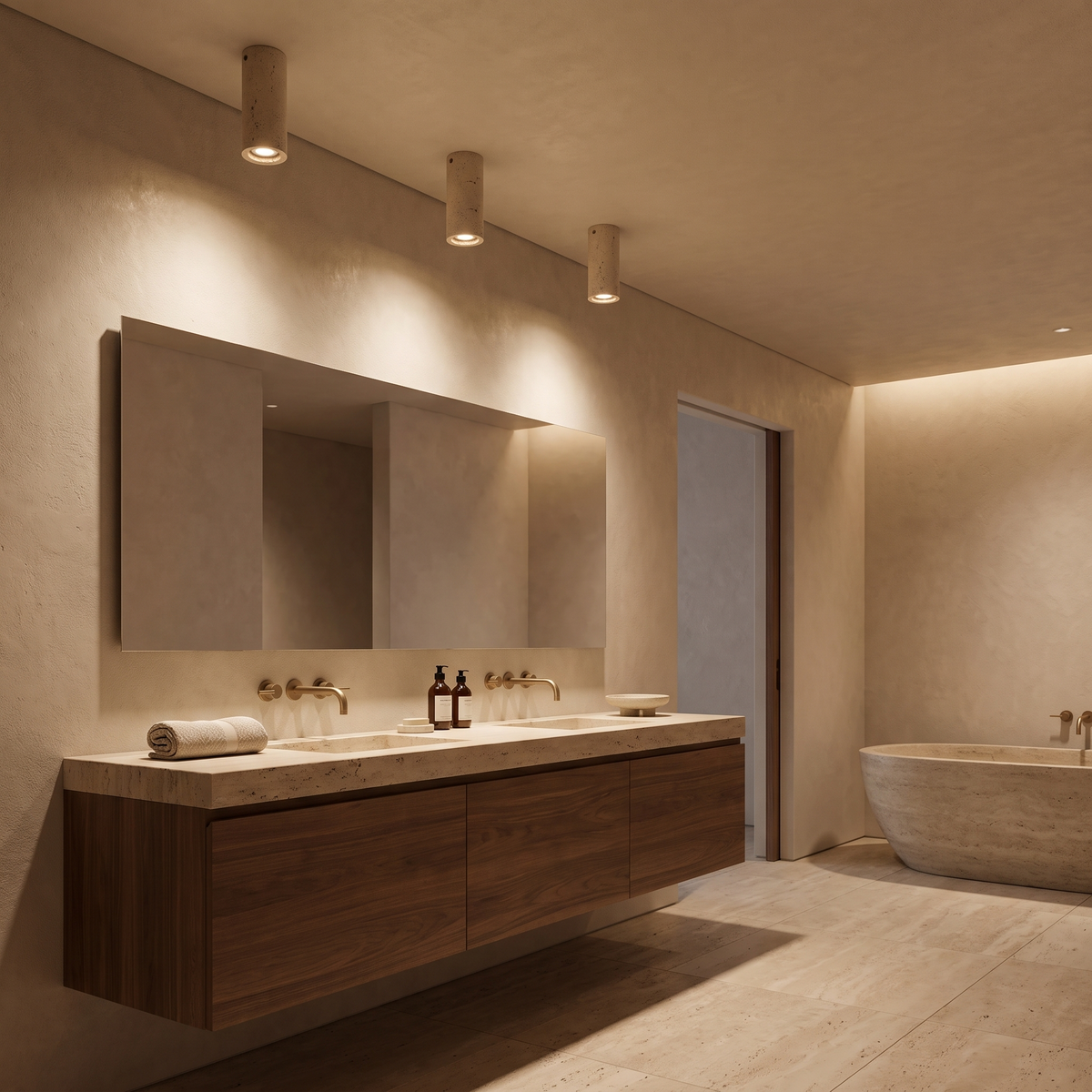 Amon travertine ceiling light in small, three above a walnut vanity in a luxury bathroom