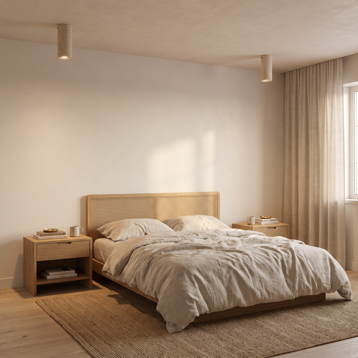 Amon travertine ceiling light in small above the bedside tables in a Scandinavian bedroom