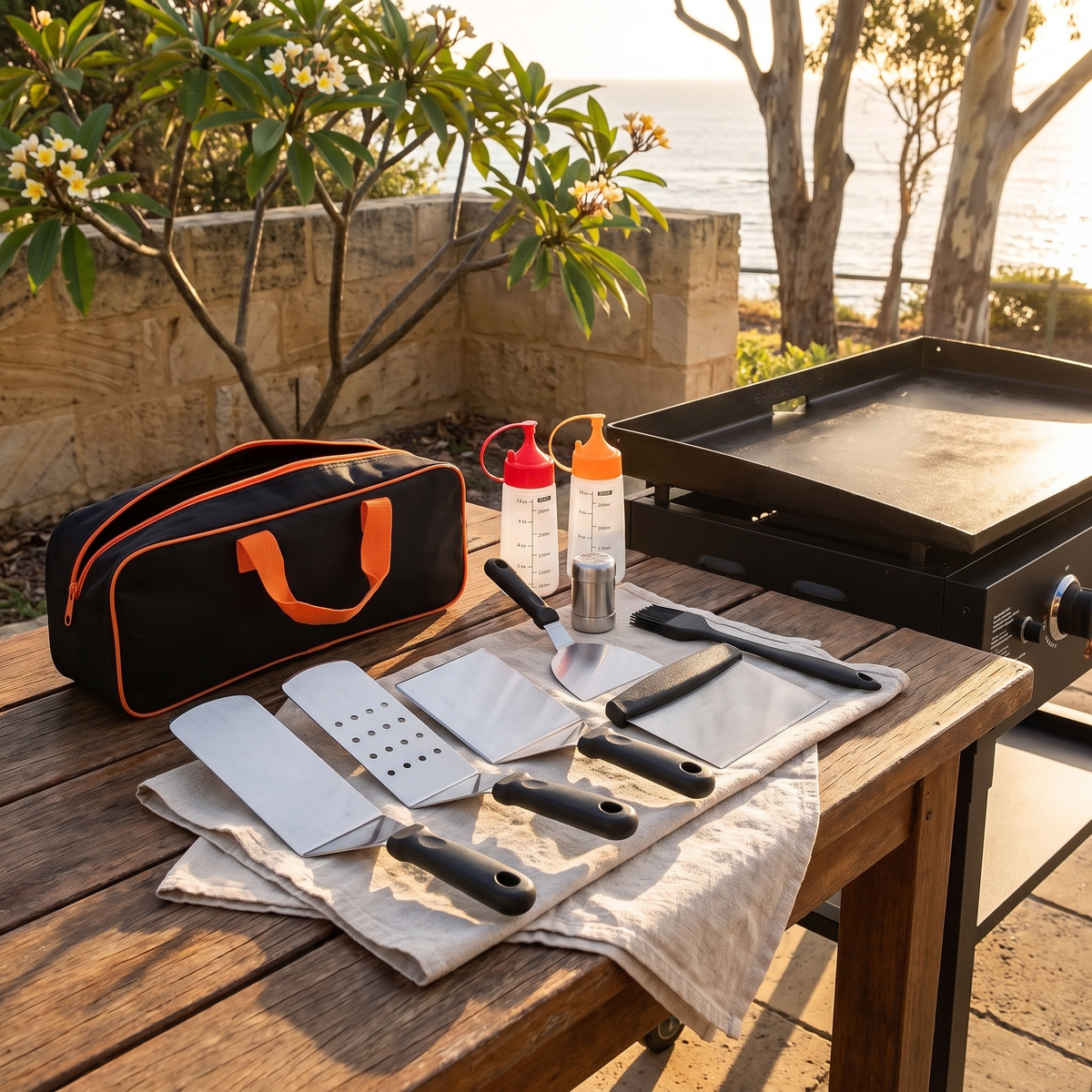 Angus BBQ accessories set and carry bag on a timber table on a coastal patio at sunset
