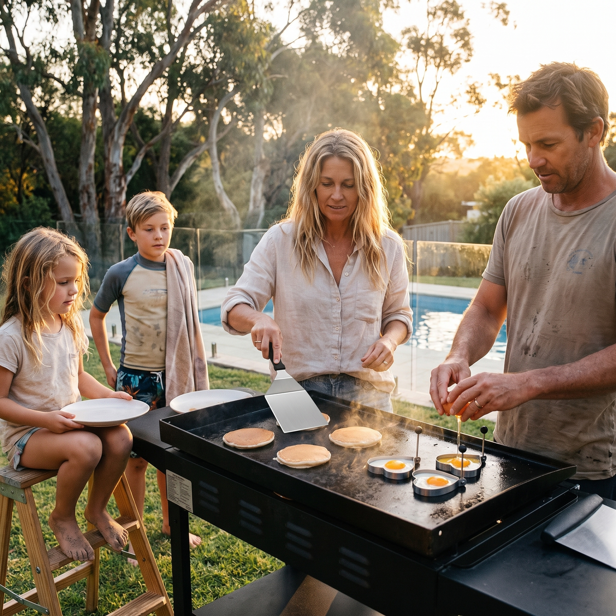 Australian family cooking pancakes and eggs with the Angus BBQ accessories set on a griddle
