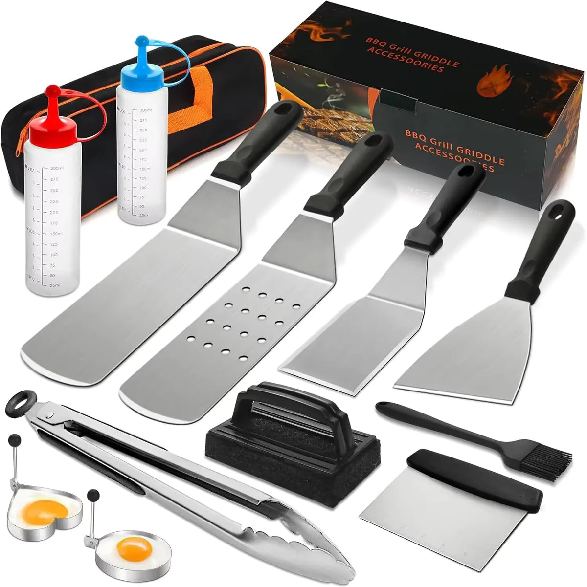 Angus BBQ accessories set of 13 with four spatulas, tongs, cleaning brick, two egg rings and gift box