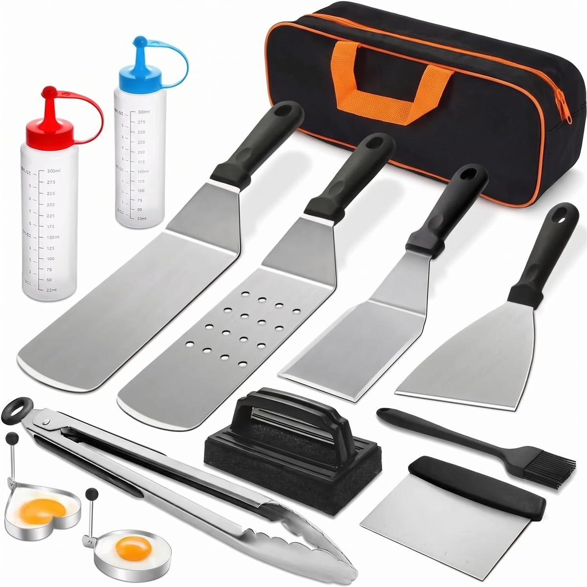 Angus BBQ accessories set of 13 with spatulas, tongs, egg rings and carry bag on white