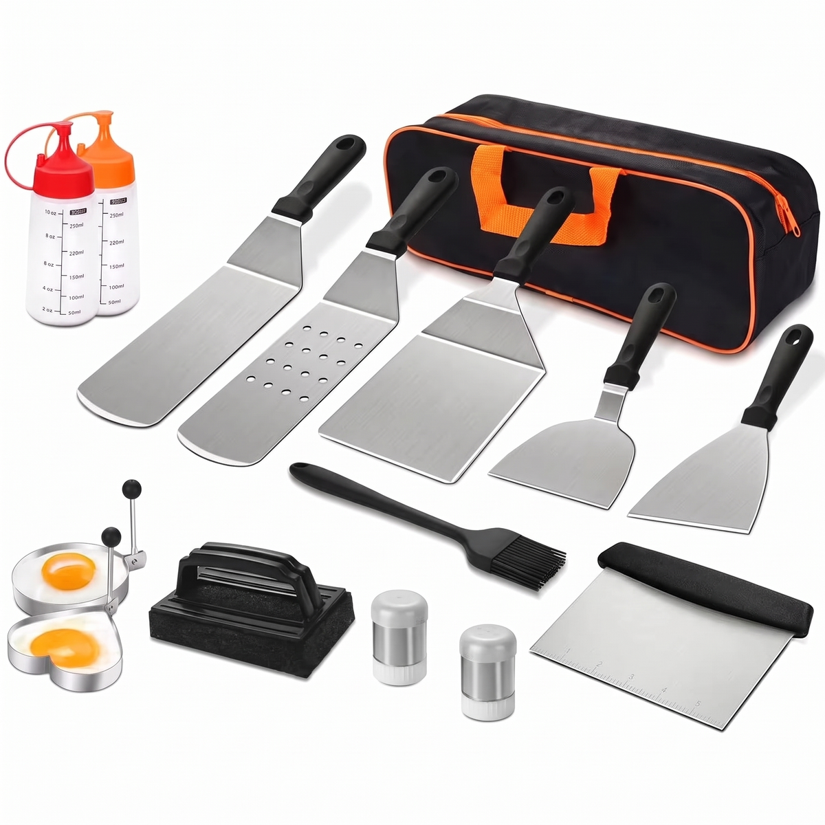 Angus BBQ accessories set of 15 A with shakers, egg rings, cleaning brick and bag on white