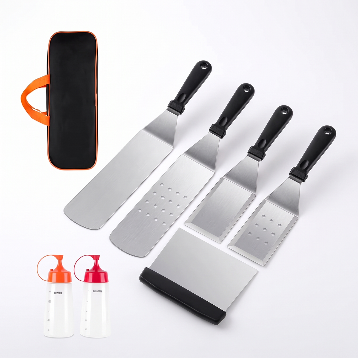 Angus BBQ accessories set of 8 with spatulas, scraper, bottles and carry bag on white