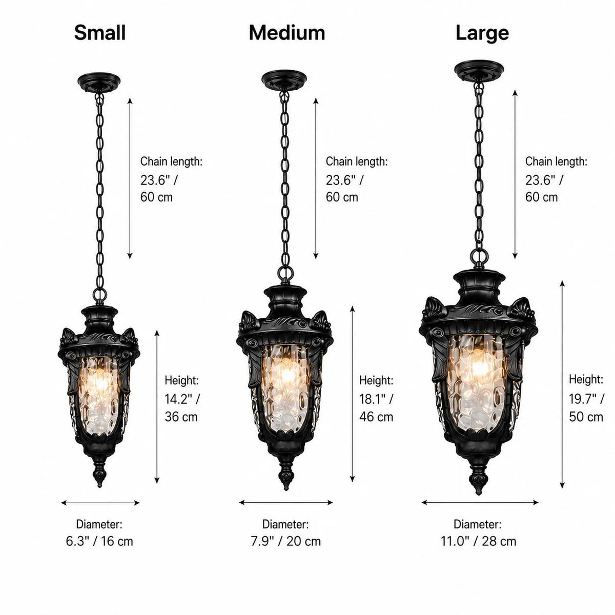 Anita pendant sizes: small 16 x 36cm, medium 20 x 46cm and large 28 x 50cm, each on a 60cm (23.6in) chain