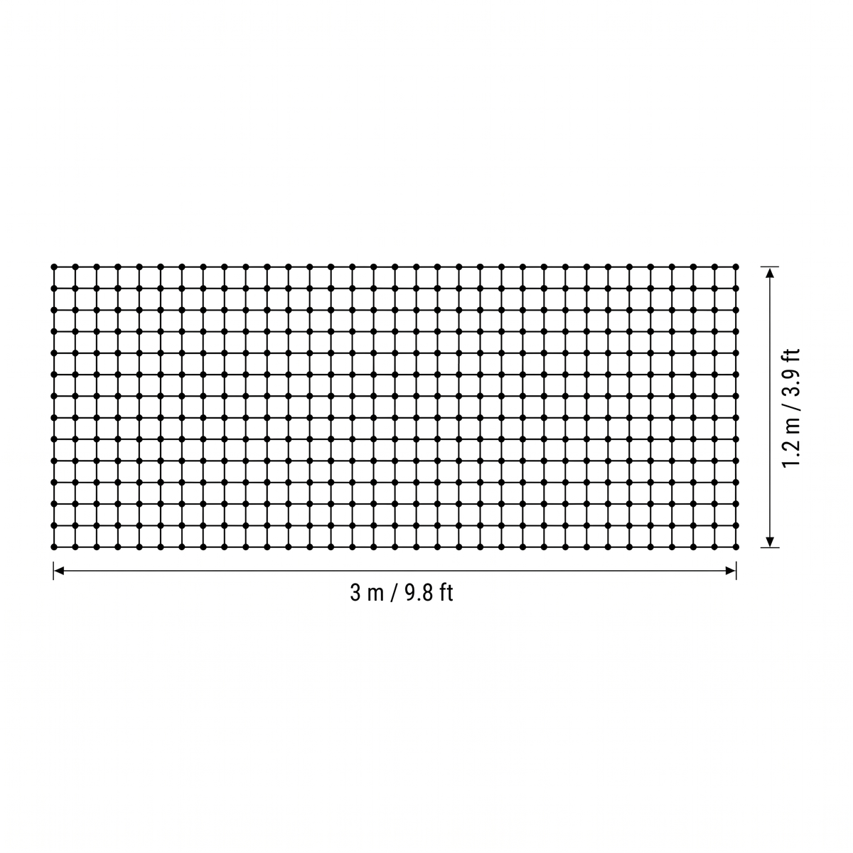 Antonia smart LED mesh curtain lights dimensions, 3m (9.8ft) wide and 1.2m (3.9ft) high