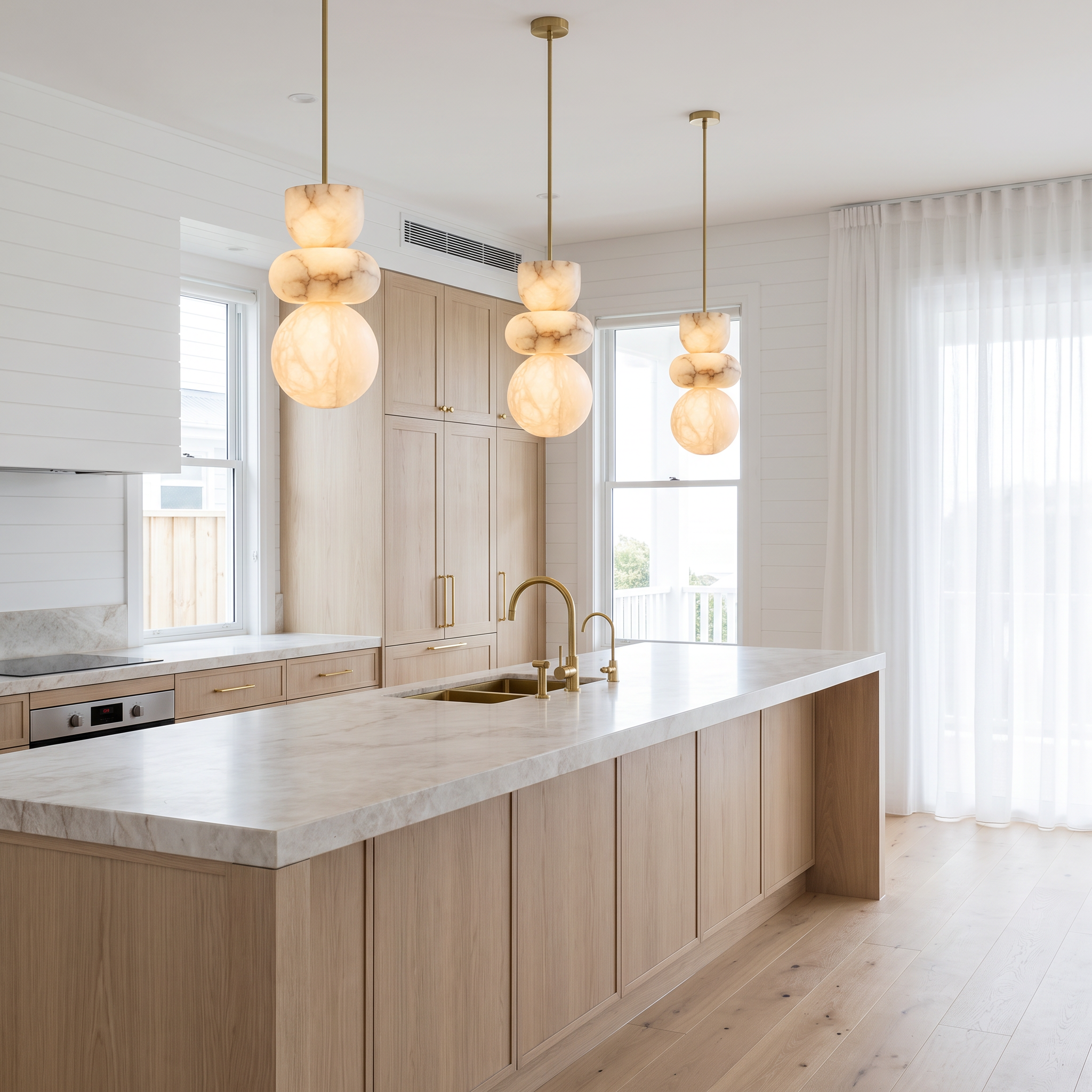 Three Aquila alabaster pendant lights hanging over a kitchen island in an Australian beach house kitchen