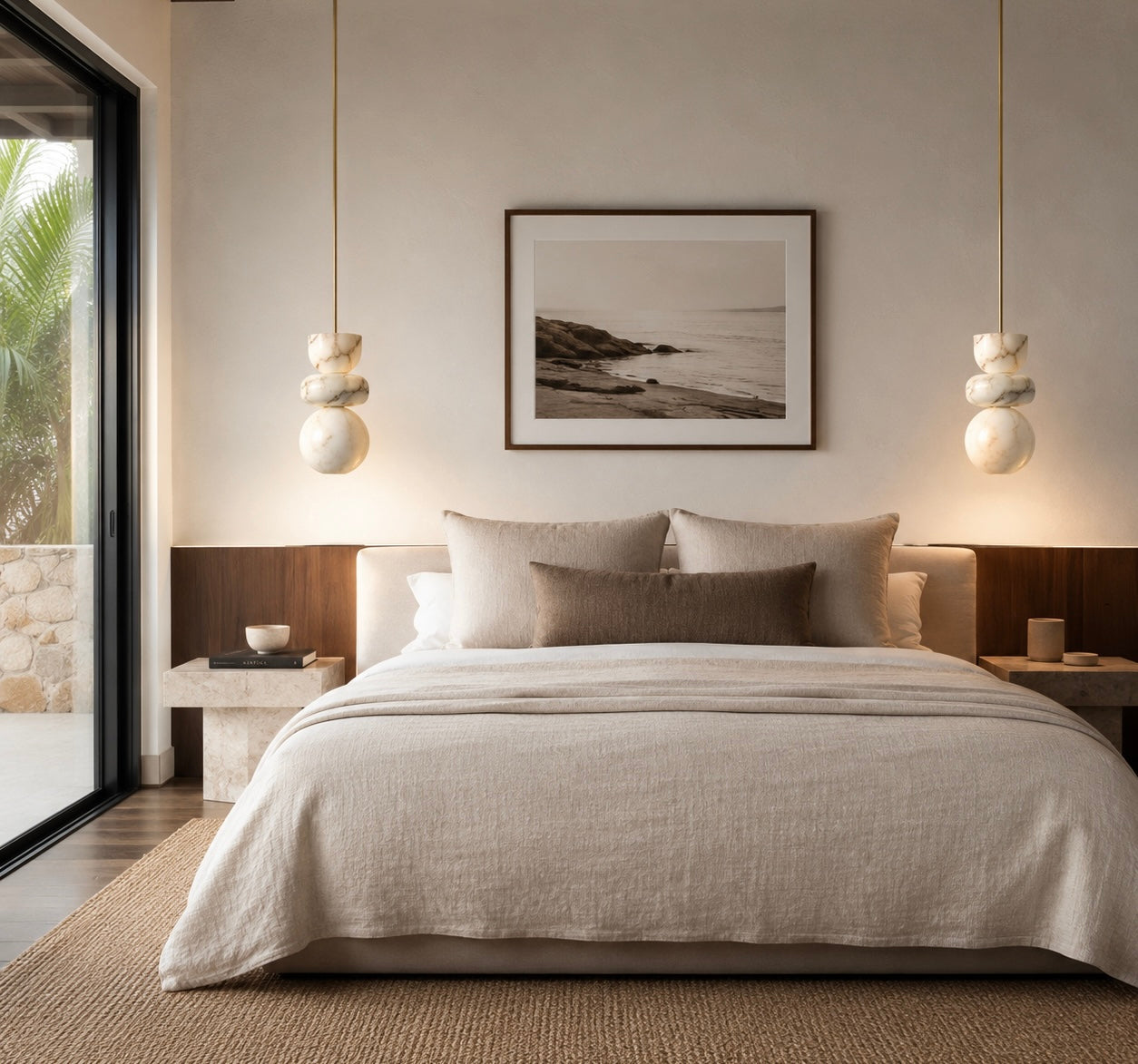 Aquila alabaster pendant light with a sculptural natural stone shade and warm brass detailing