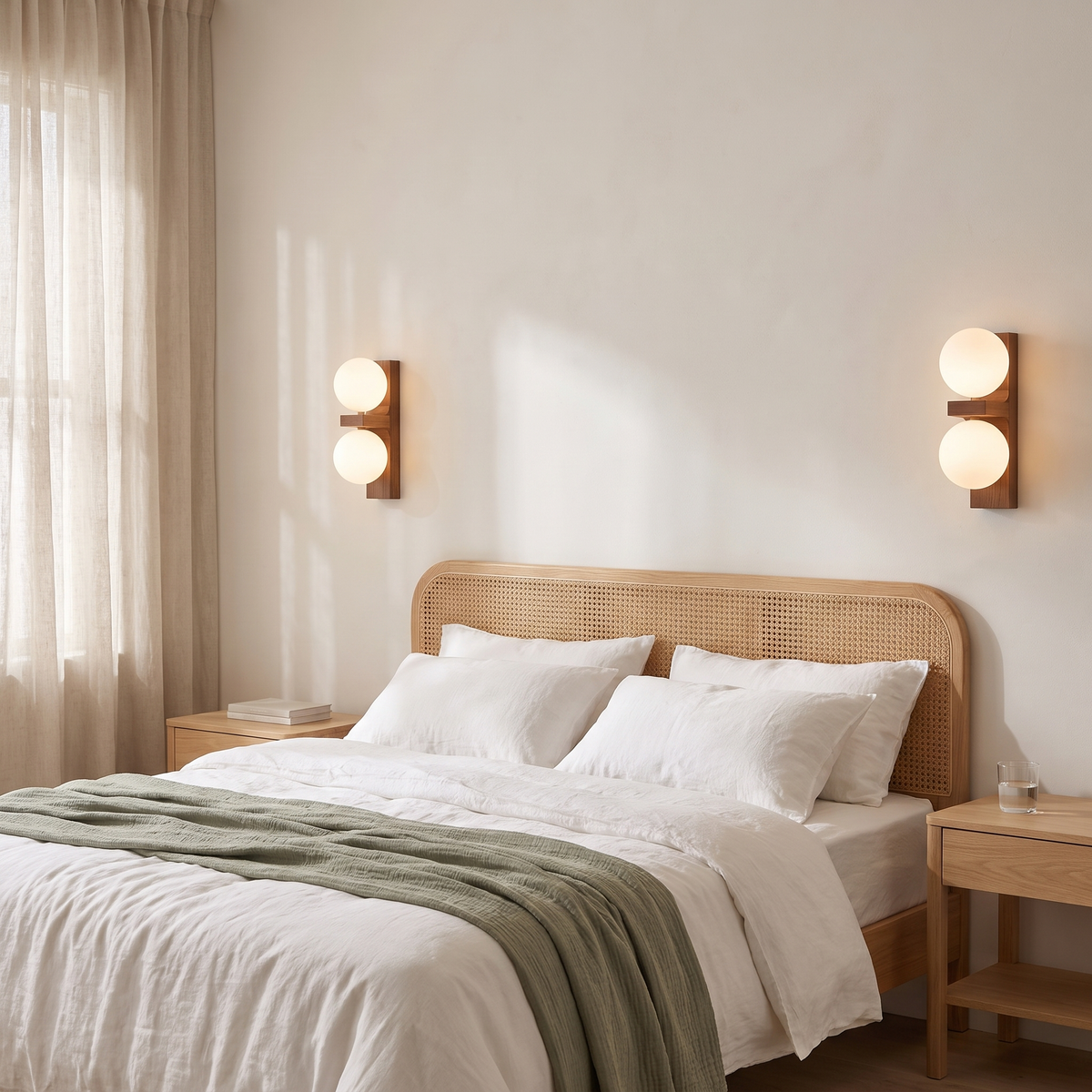 Pair of 22cm Aria walnut and opal glass wall lights either side of a rattan bed in a coastal bedroom