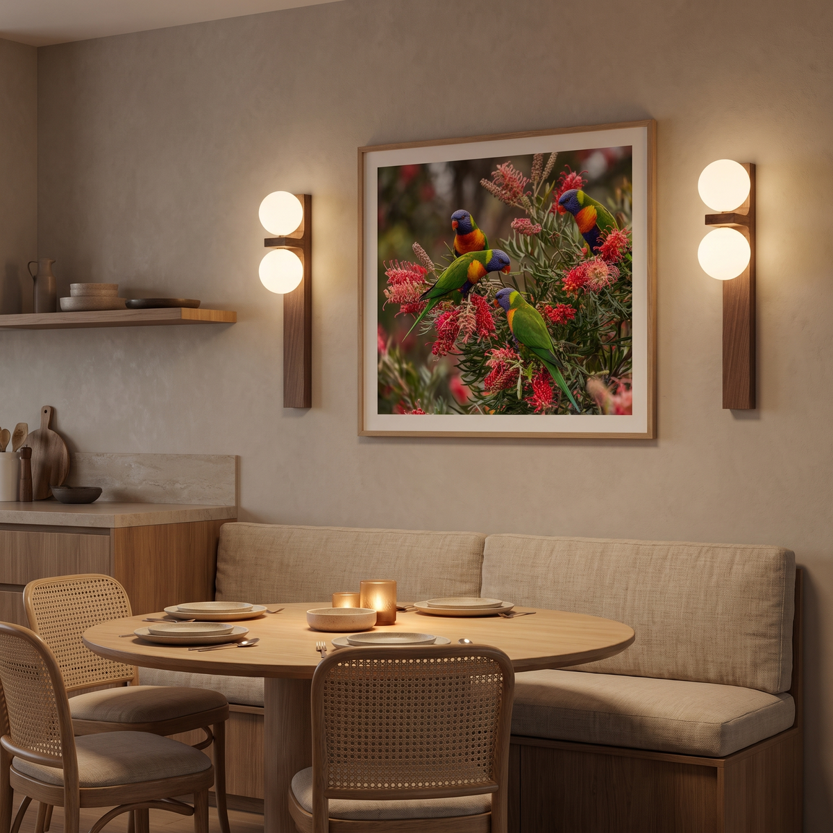 Pair of tall 50cm Aria walnut wall lights flanking artwork in a dining nook