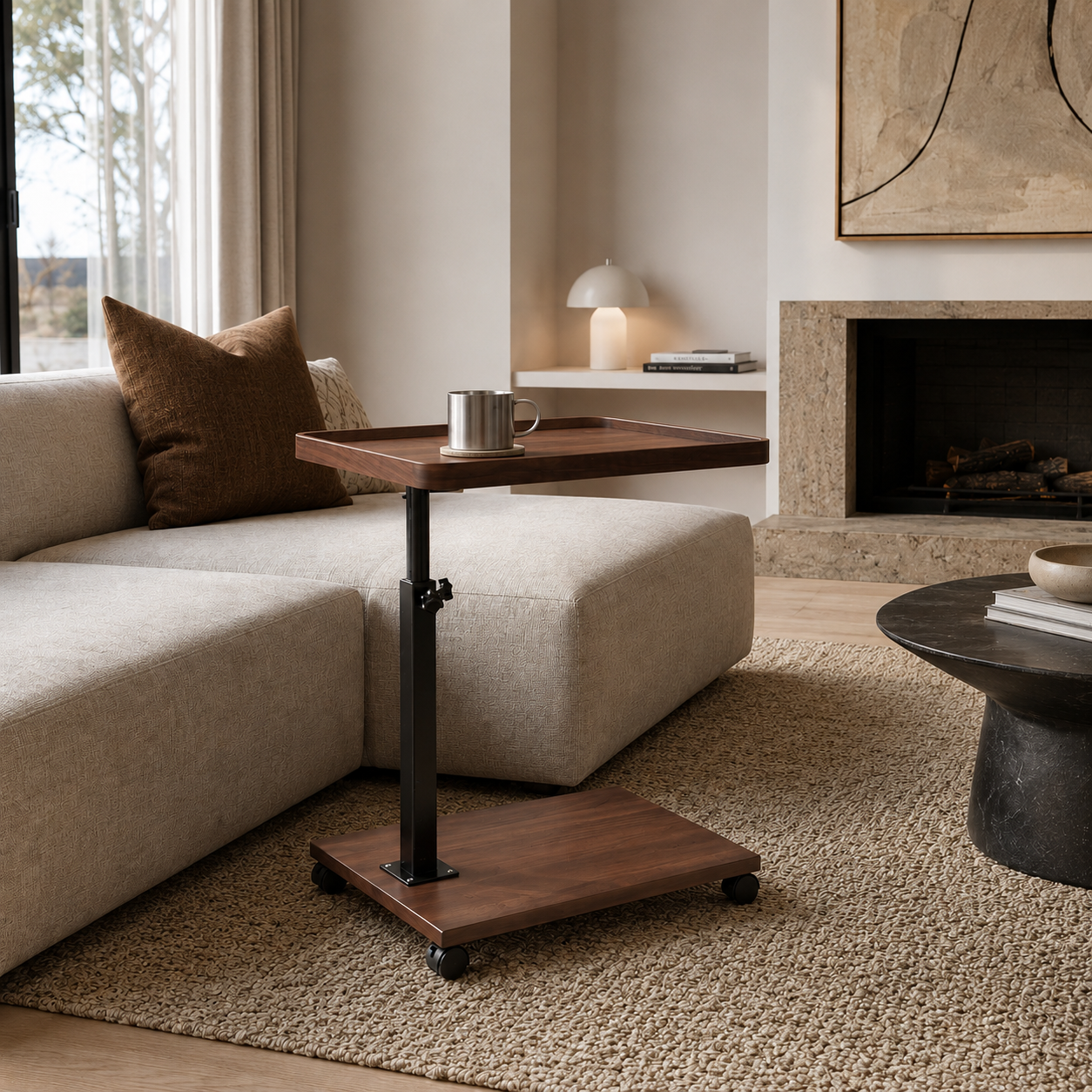 Arnie height-adjustable C-shaped rolling workstation, a mobile walnut side table with lockable castor wheels