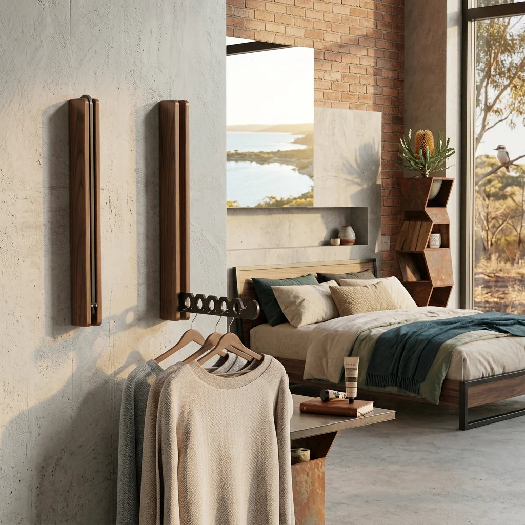 Arnie timber hanger rails in black walnut holding a knit in a bedroom with a wide window outlook