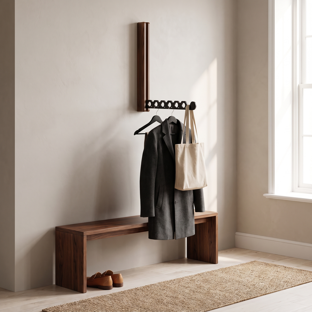 Arnie timber hanger rail in black walnut holding a wool coat and canvas tote above an entryway bench