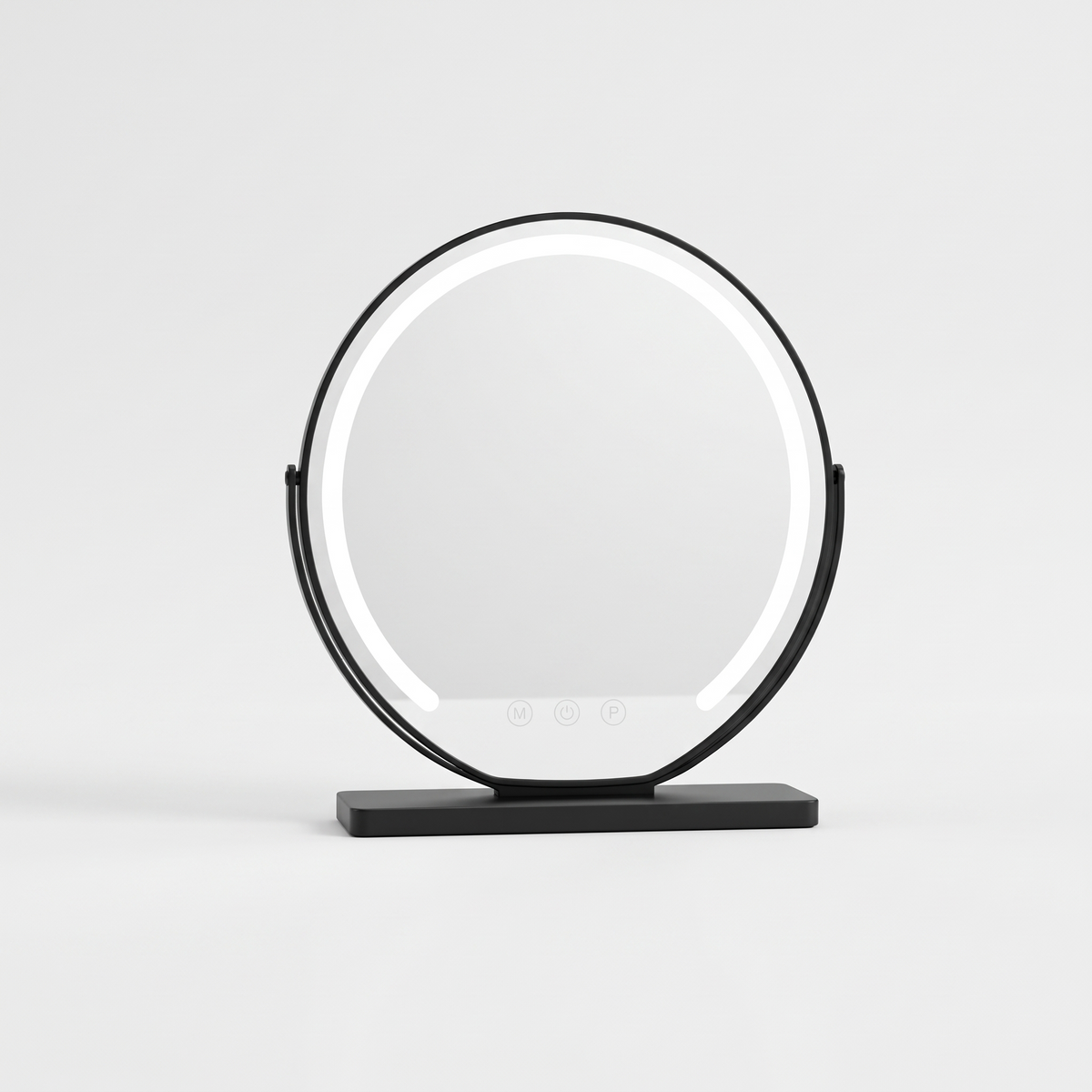 Aspen black vanity mirror with lights on a white background
