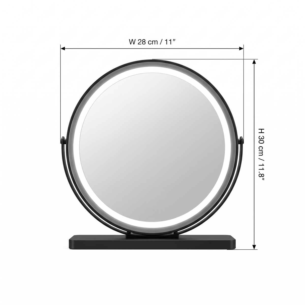 Aspen vanity mirror size guide, 28cm (11.0in) wide by 30cm (11.8in) high on its base
