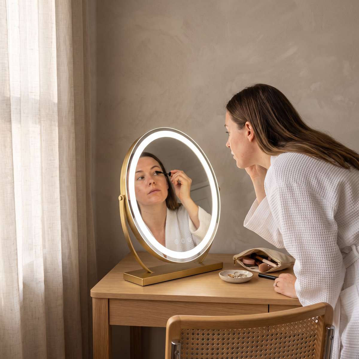 Woman applying makeup at a dressing table with the Aspen gold LED vanity mirror