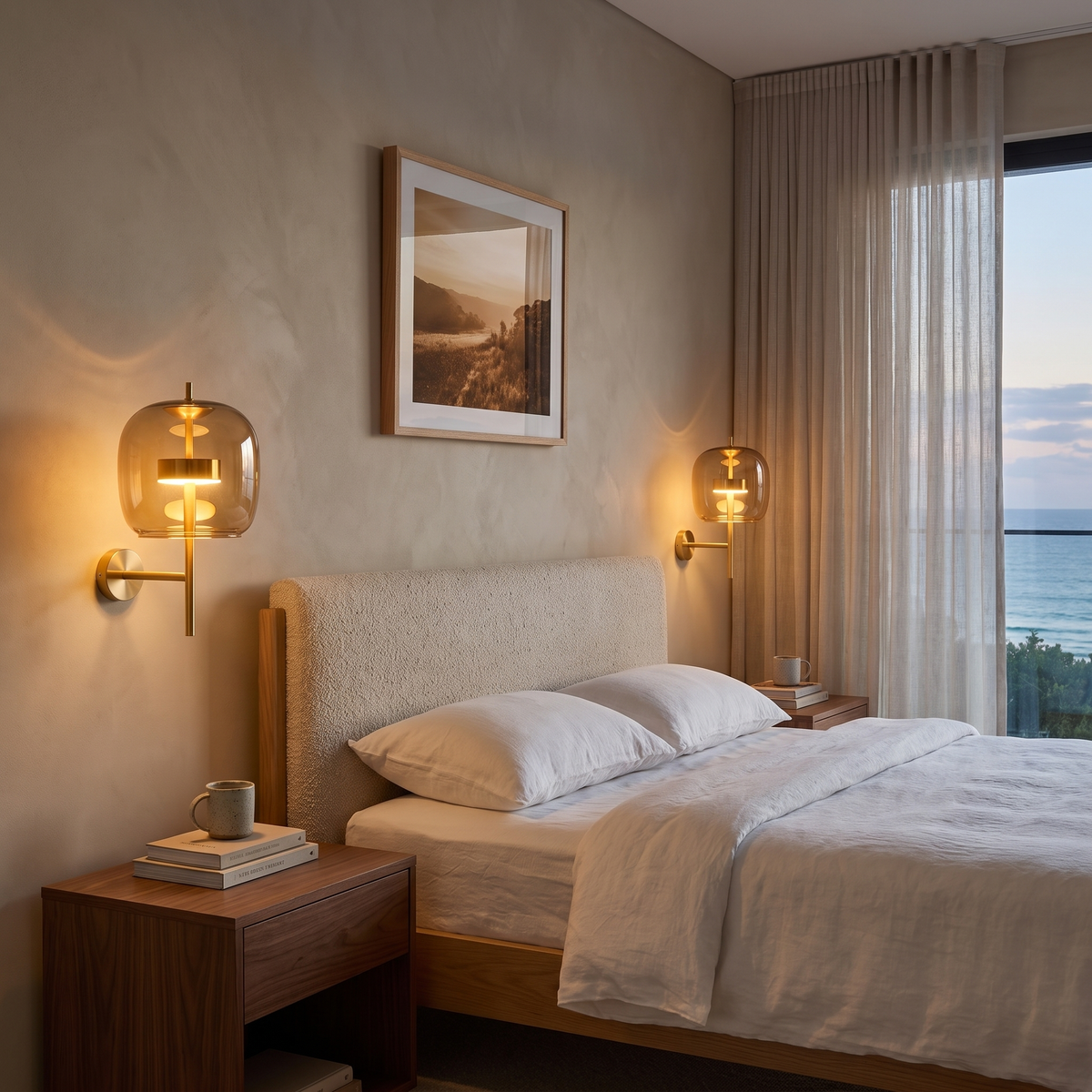 Aura smoked glass wall sconce in amber glass beside a bed in a Palm Beach master bedroom