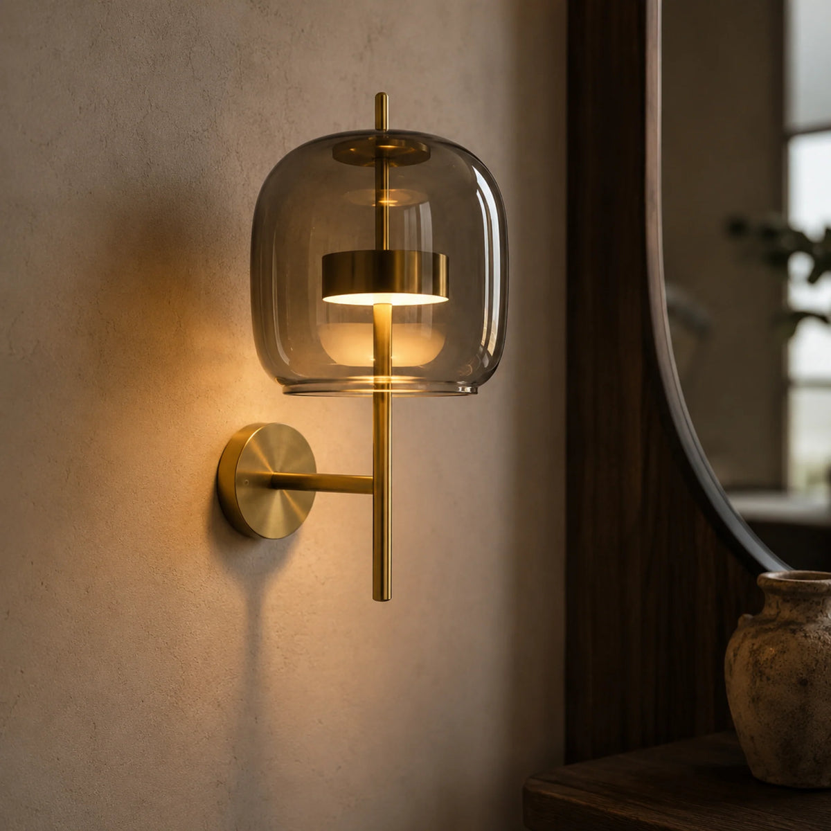 Aura smoked glass wall sconce in amber glass lit beside a mirror, showing the brass rod and arm