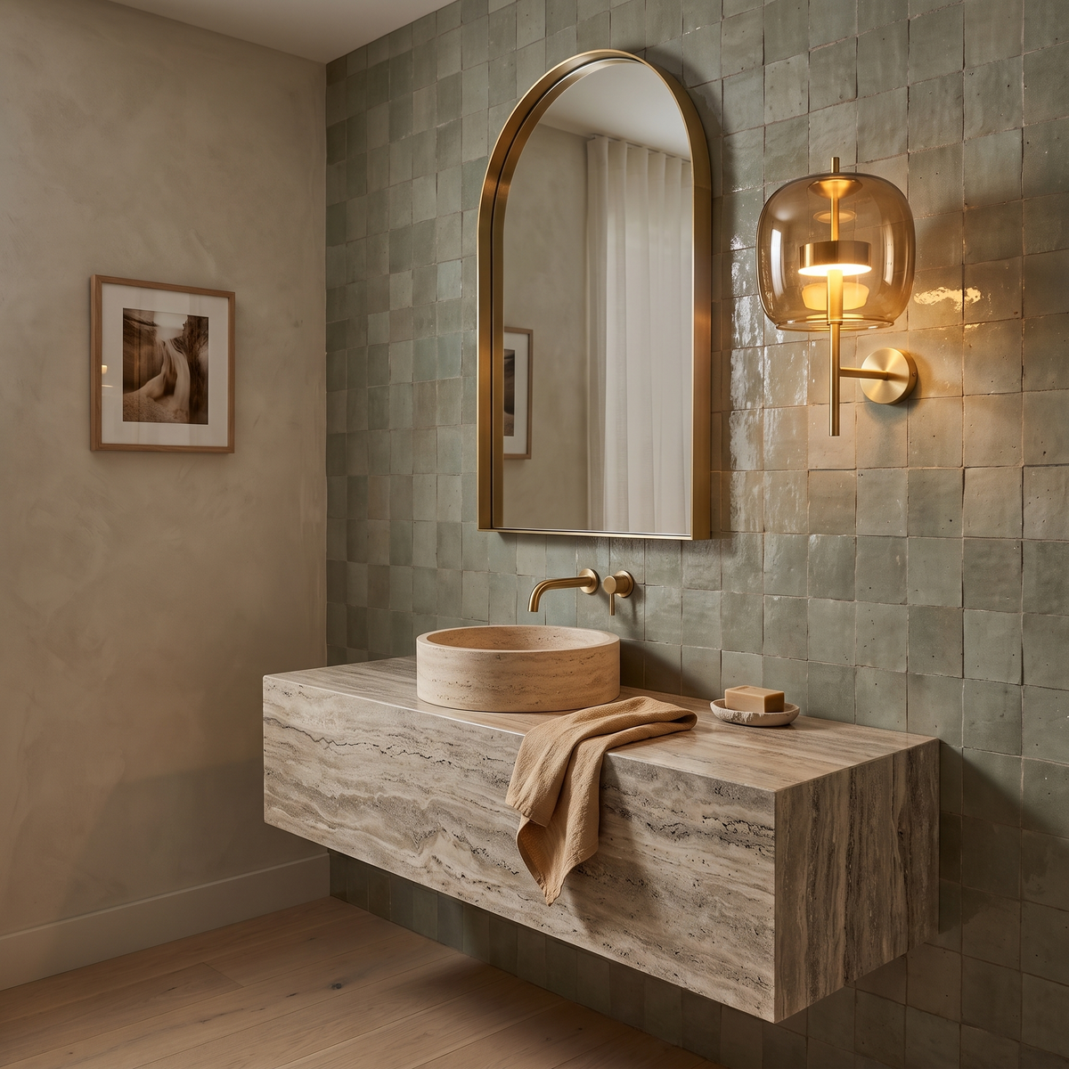 Aura smoked glass wall sconce in amber glass beside an arched mirror in a luxury powder room