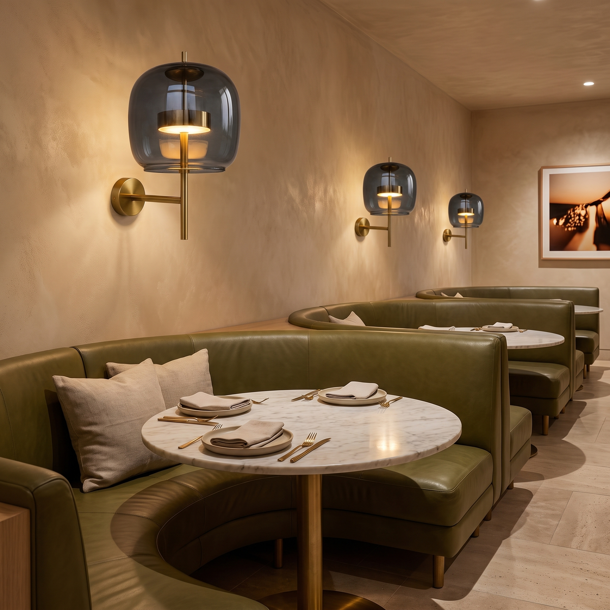 Aura smoked glass wall sconce in smoke grey glass above green leather booths in a Melbourne restaurant