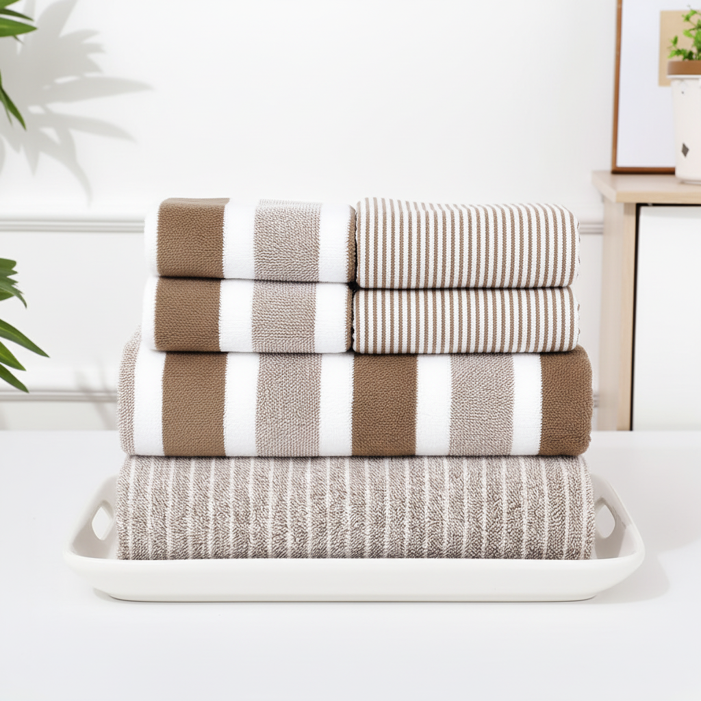 Aurelia 8-piece microfibre bath towel set in brown and white stripes stacked on a white tray