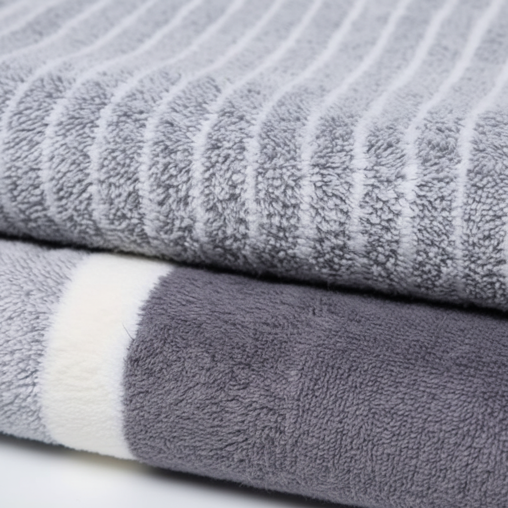 Close-up of the Aurelia microfibre bath towels in grey showing the soft striped pile
