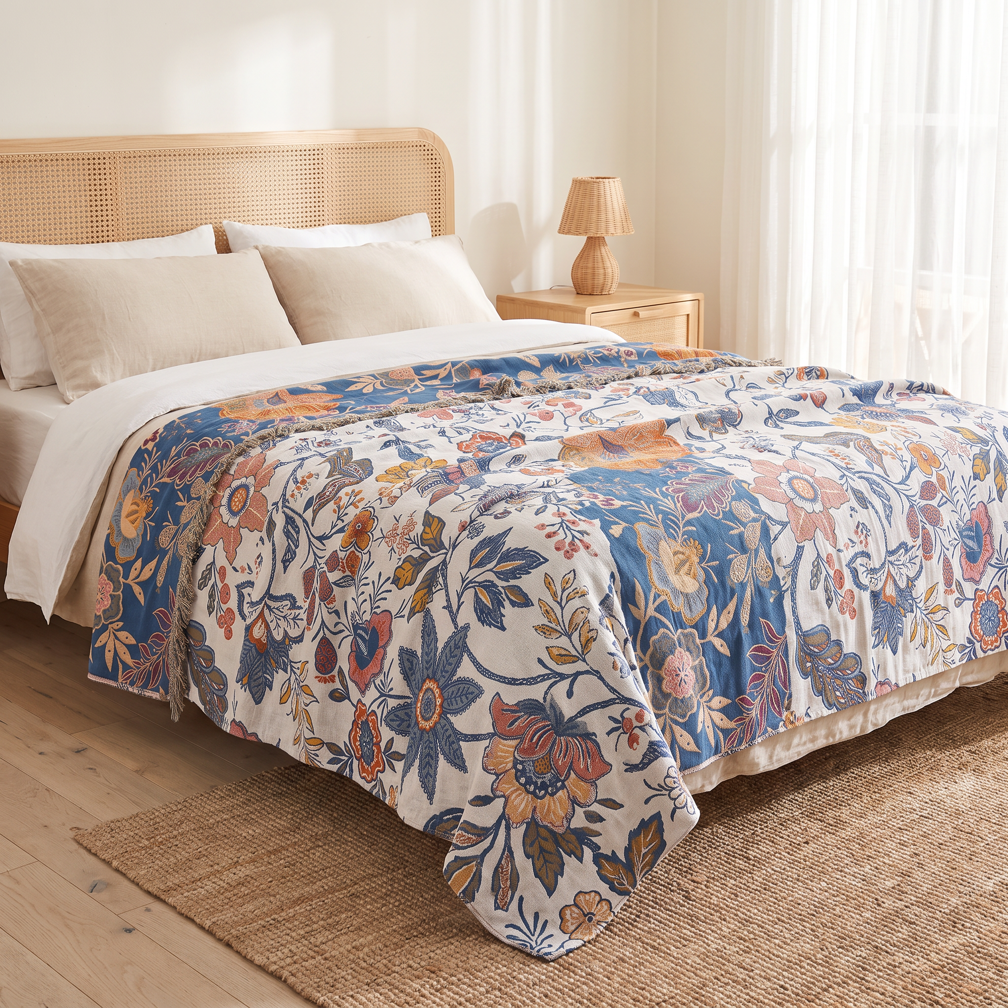 Auski Flora reversible cotton throw blanket on a bed with a cane bedhead in a sunlit beach house bedroom