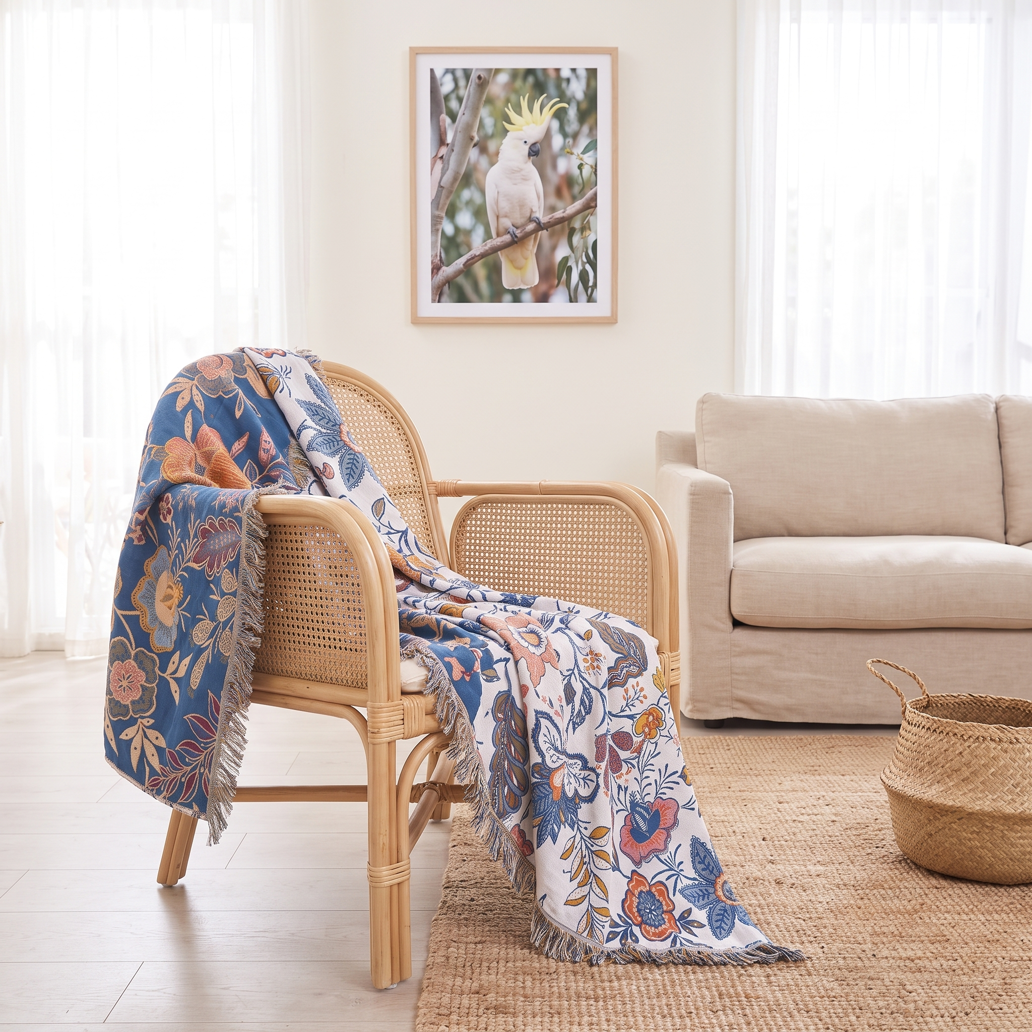 Auski Flora reversible cotton throw blanket draped over a rattan armchair in a beach house living room