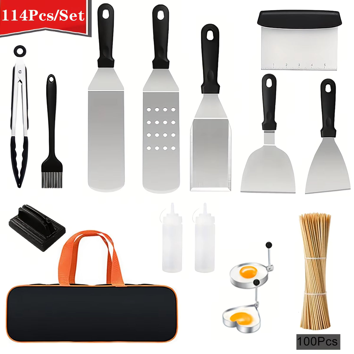 Aussie BBQ tools set flat lay with five spatulas, tongs, brush, bottles, egg rings, skewers and carry bag