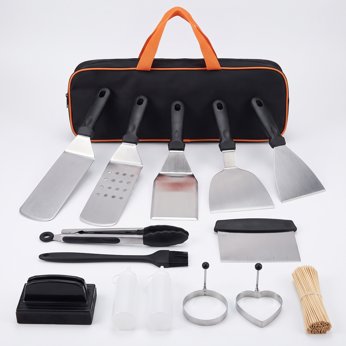 Aussie BBQ tools set 114-piece kit with spatulas, tongs, carry bag and skewers on white