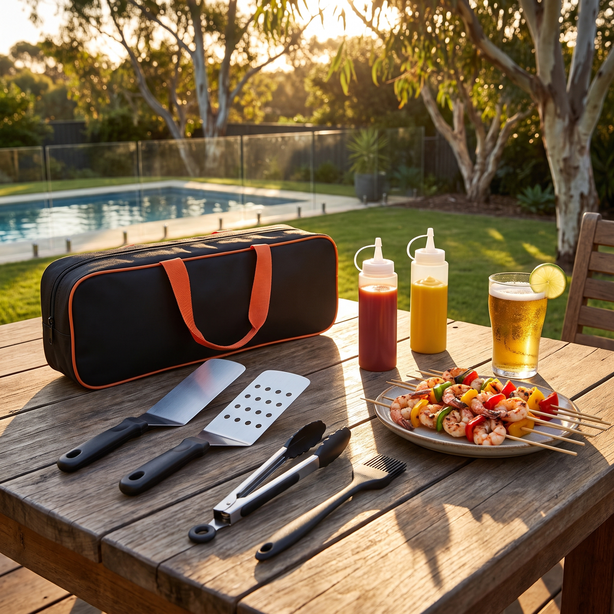 Aussie BBQ tools set carry bag, spatulas and squeeze bottles on an outdoor table by the pool