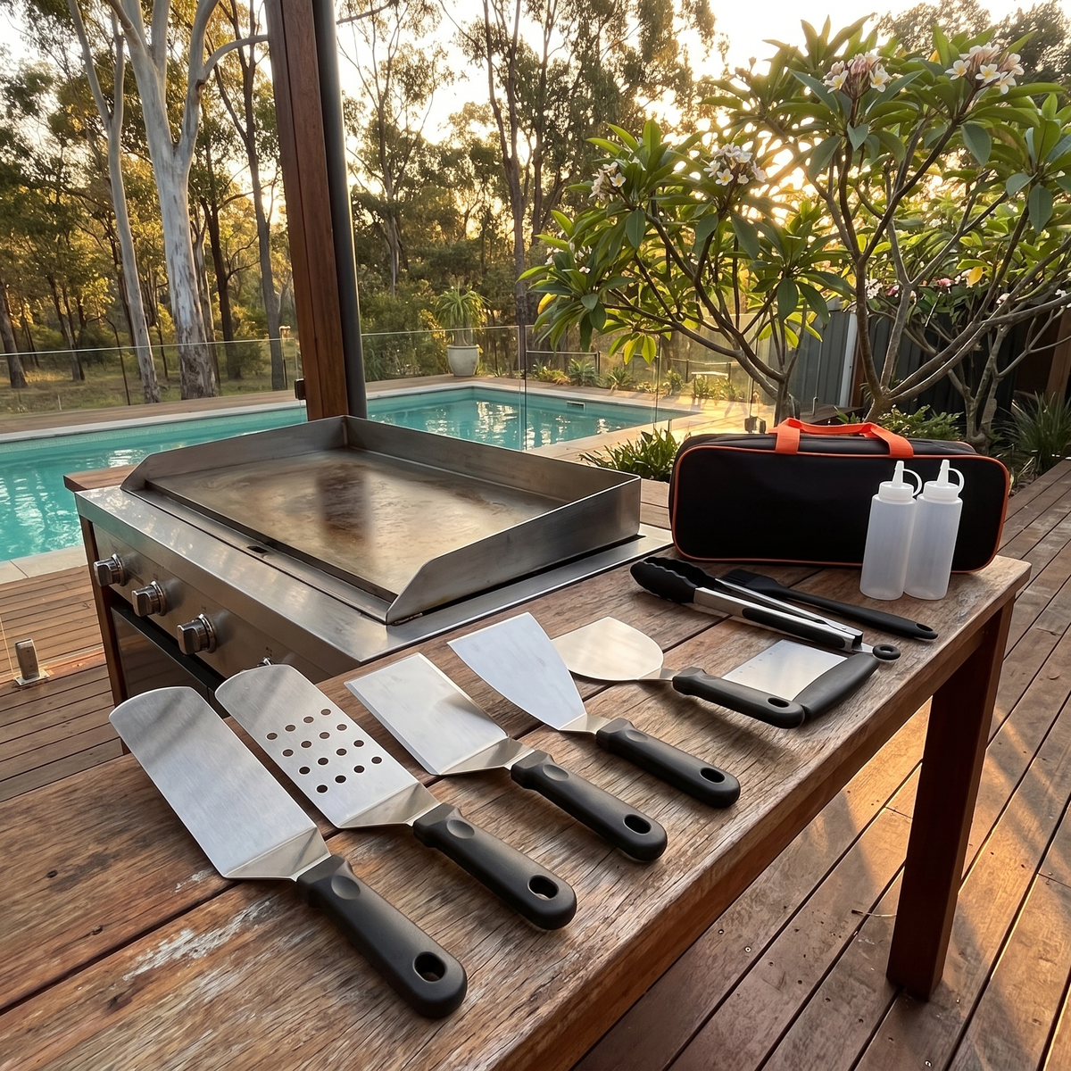 Aussie BBQ tools set laid out on a timber bench beside a flat-top BBQ by the pool at sunset
