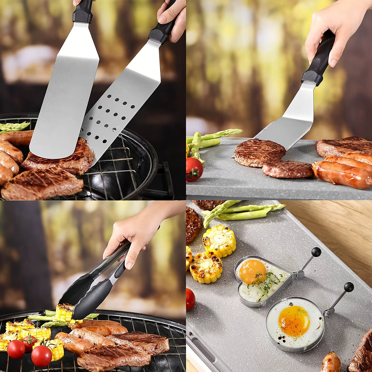 Aussie BBQ tools set spatulas, tongs and egg rings in use on steaks, sausages and eggs
