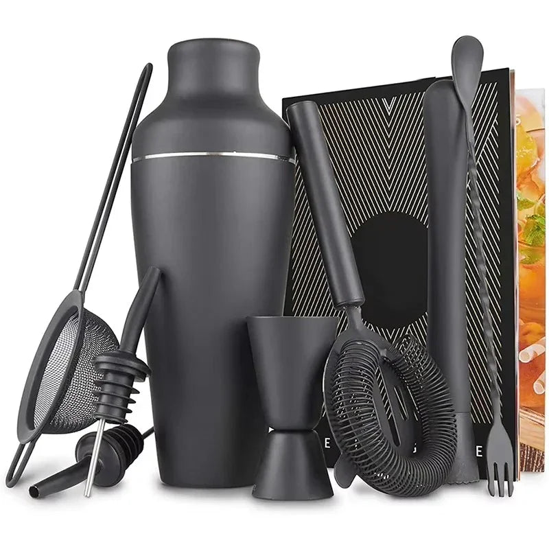 Avero matte black cocktail shaker styled with bar tools