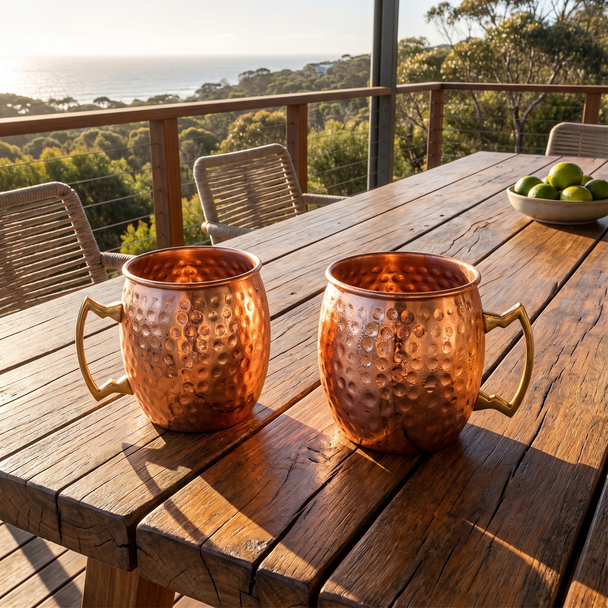 Azar Hammered Copper Moscow Mule Mugs on an outdoor timber deck table with an ocean outlook