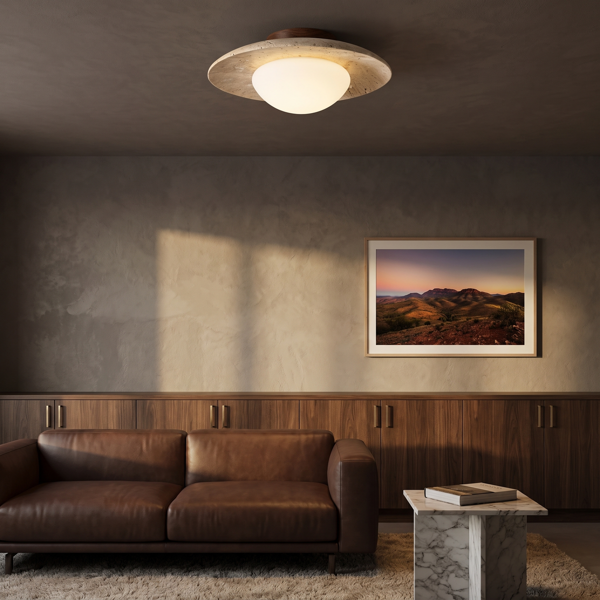 Bali travertine ceiling light in a moody living room with dark walnut joinery and a marble side table